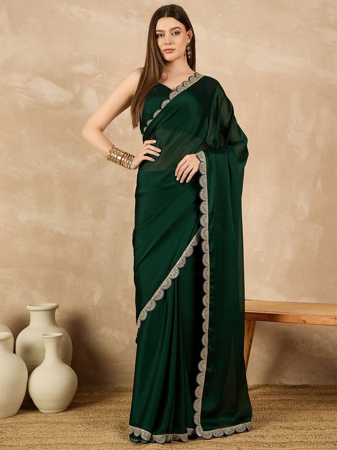     			BLEESBURY Chiffon Embroidered Saree With Unstitched Blouse Piece ( Green )