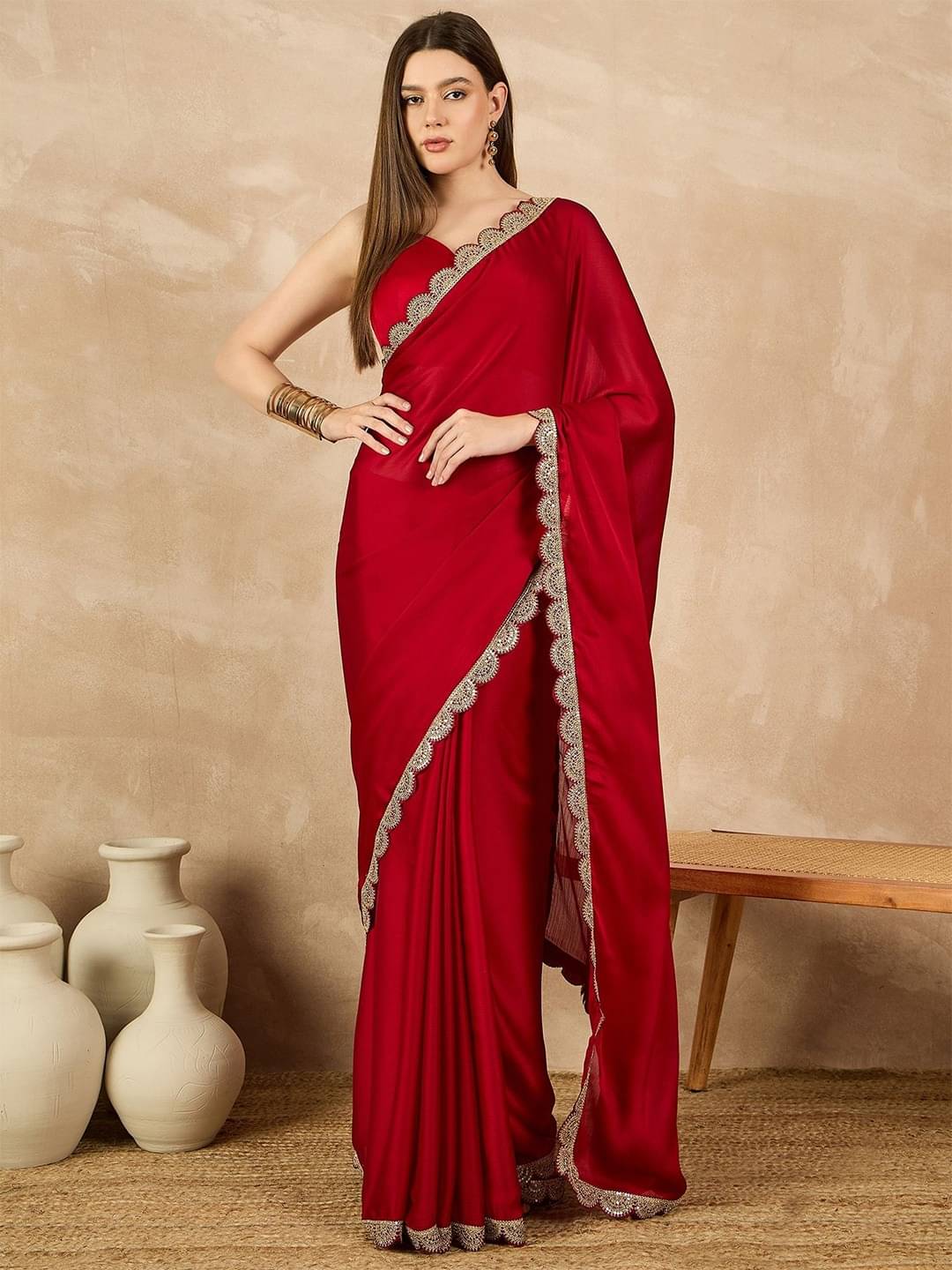     			BLEESBURY Chiffon Embroidered Saree With Unstitched Blouse Piece ( Red )