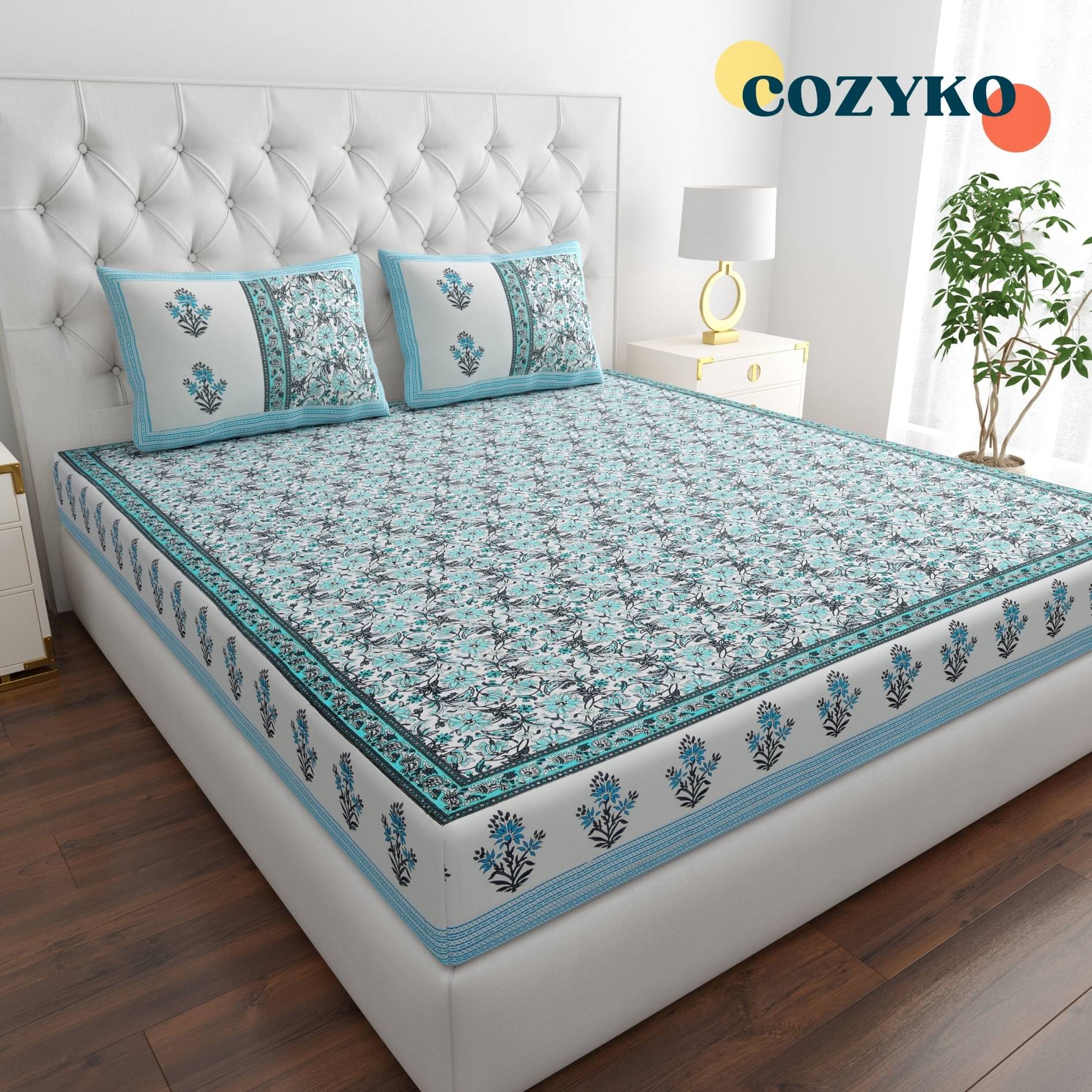     			COZYKO Cotton 1 Double King Bedsheet with 2 Pillow Covers ( Blue )