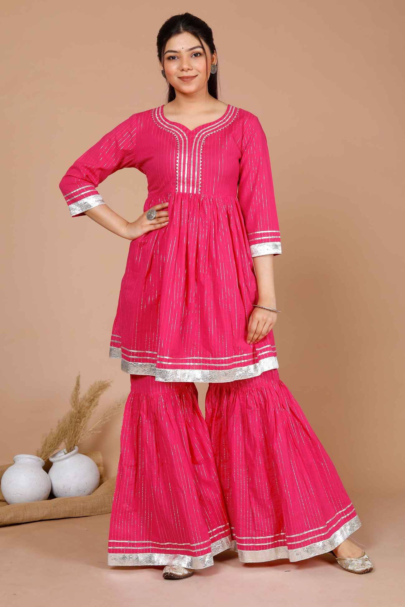     			Doriyaan Cotton Embellished Kurti With Sharara And Gharara Women's Stitched Salwar Suit - Pink ( Pack of 1 )