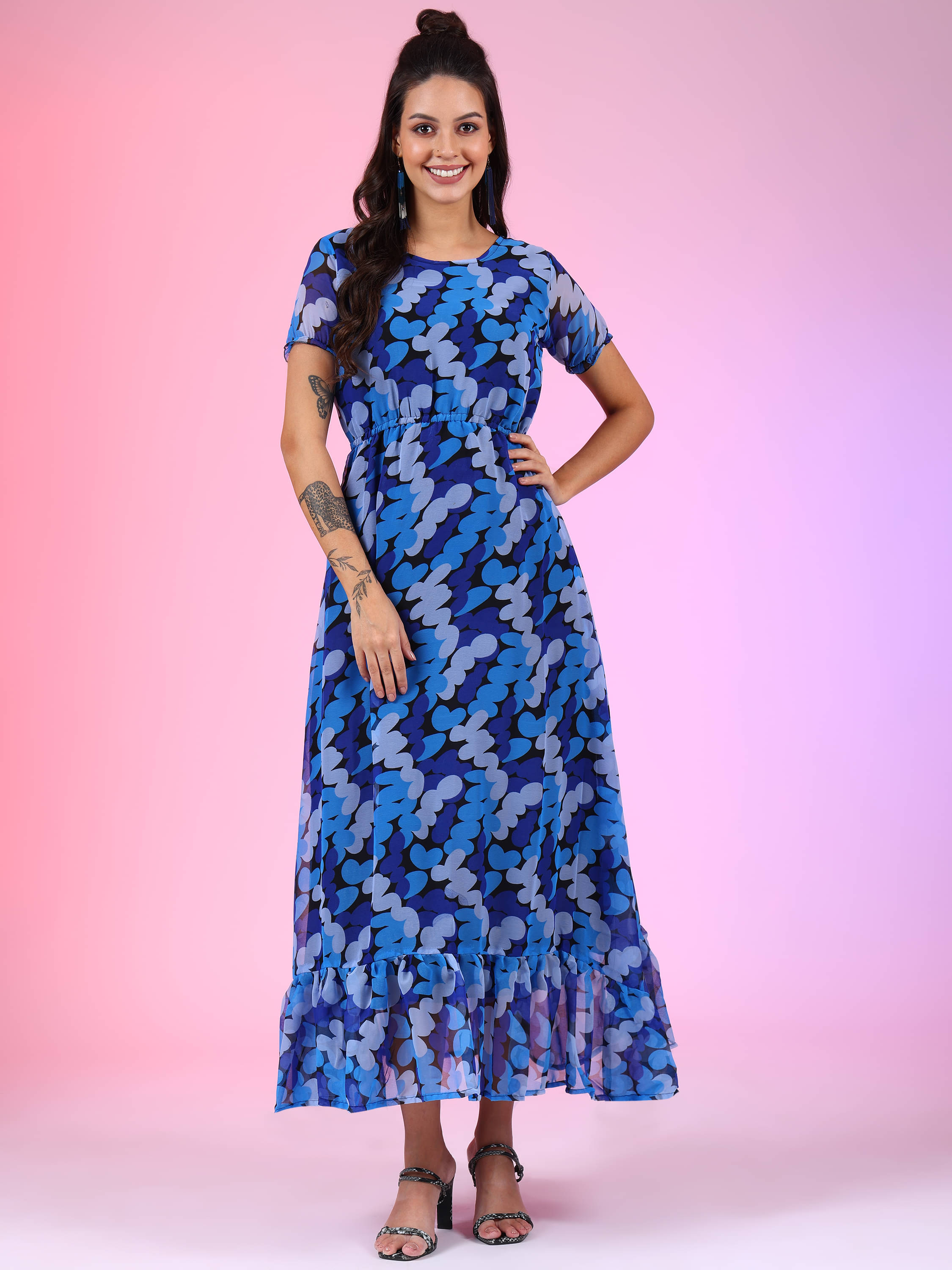    			Femvy Women Georgette Printed Fit & Flare Dress ( Light Blue )
