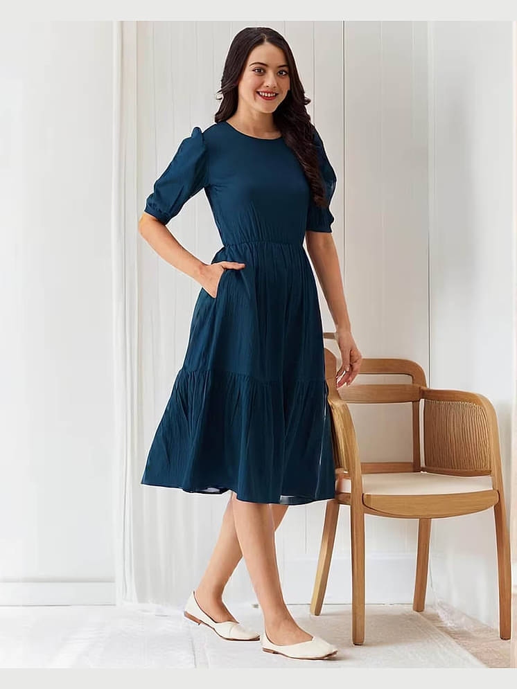 Selvia Satin Printed Knee Length Women's Cut Out Dress Navy Blue