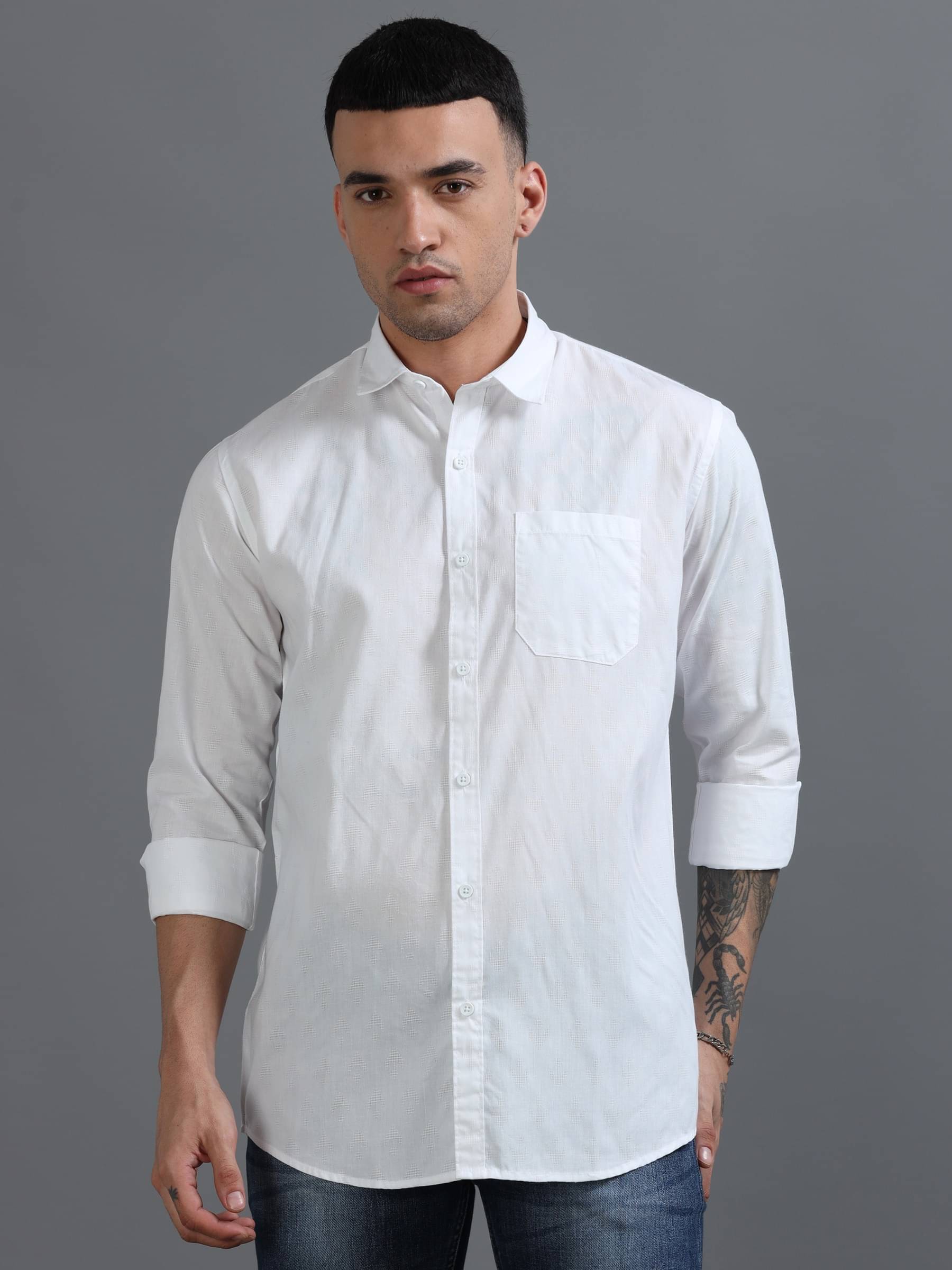 HETIERS 100% Cotton Regular Fit Self Design Full Sleeves Men's Casual Shirt - White ( Pack of 1 ) HETIERS 100% Cotton Regular Fit Self Design Full Sleeves Men's Casual Shirt - White ( Pack of 1 )