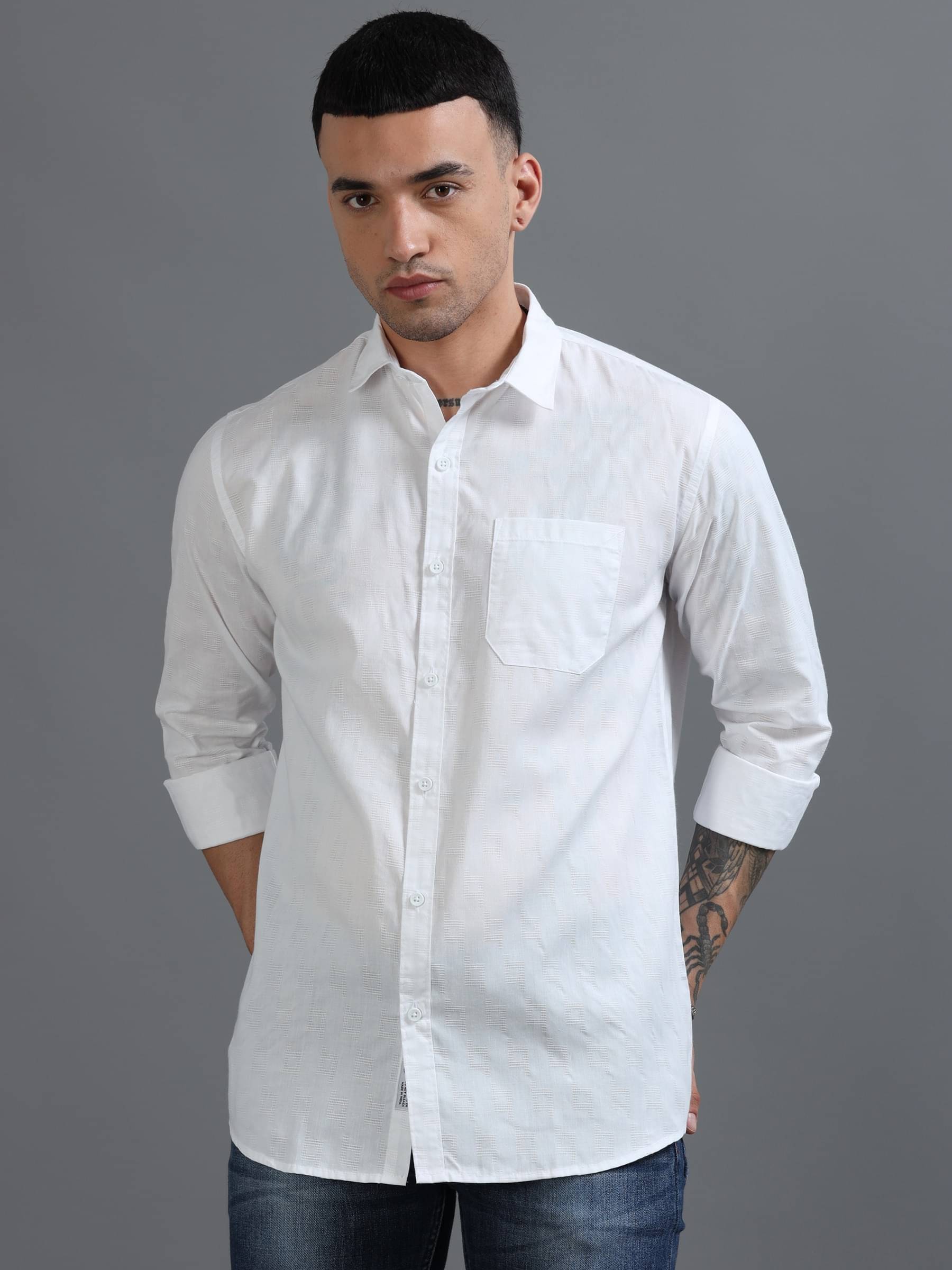     			HETIERS 100% Cotton Regular Fit Self Design Full Sleeves Men's Casual Shirt - White ( Pack of 1 )