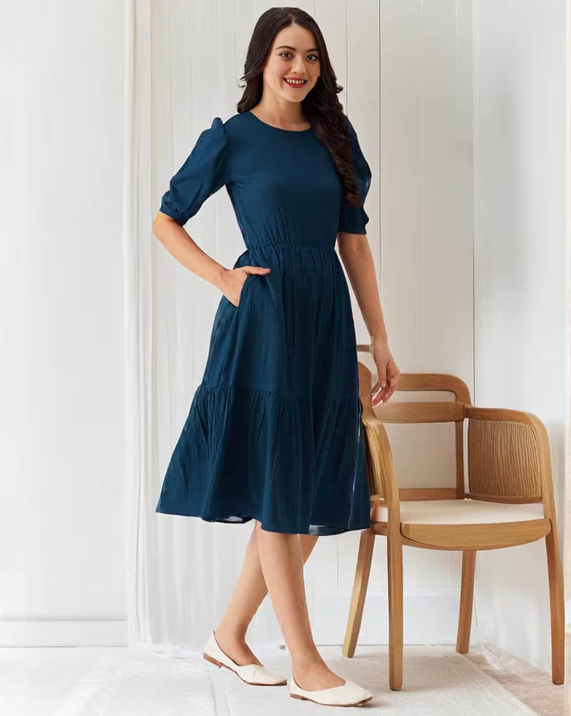 JASH CREATION Polyester Solid Midi Women's Fit & Flare Dress - Blue ( Pack of 1 ) JASH CREATION Polyester Solid Midi Women's Fit & Flare Dress - Blue ( Pack of 1 )
