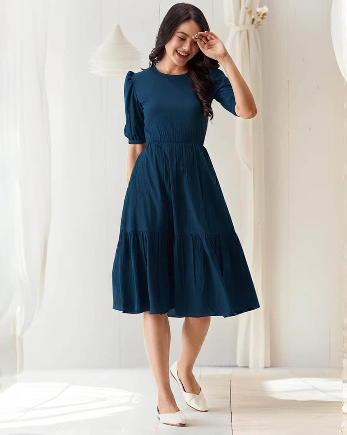 JASH CREATION Women Polyester Solid Fit & Flare Dress ( Blue ) JASH CREATION Women Polyester Solid Fit & Flare Dress ( Blue )
