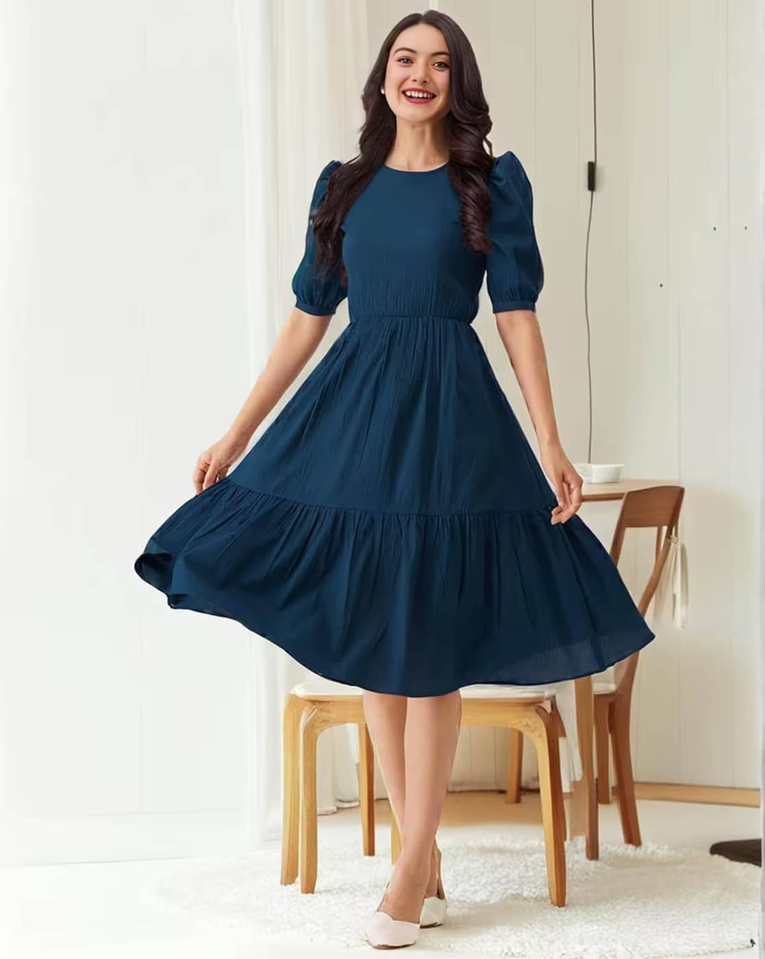 JASH CREATION Polyester Solid Midi Women's Fit & Flare Dress - Blue ( Pack of 1 ) JASH CREATION Polyester Solid Midi Women's Fit & Flare Dress - Blue ( Pack of 1 )