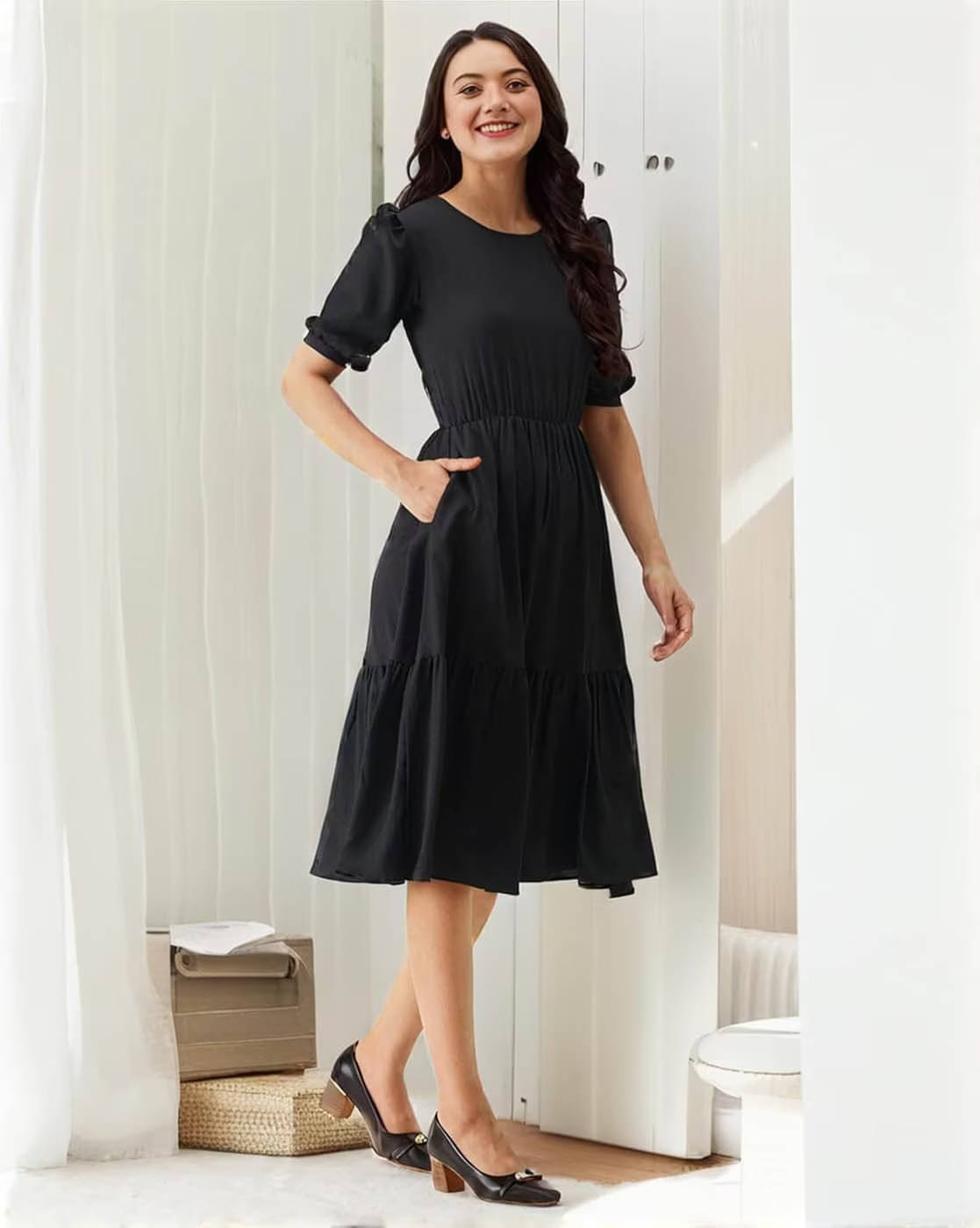 JASH CREATION Polyester Solid Midi Women's Fit & Flare Dress - Black ( Pack of 1 ) JASH CREATION Polyester Solid Midi Women's Fit & Flare Dress - Black ( Pack of 1 )