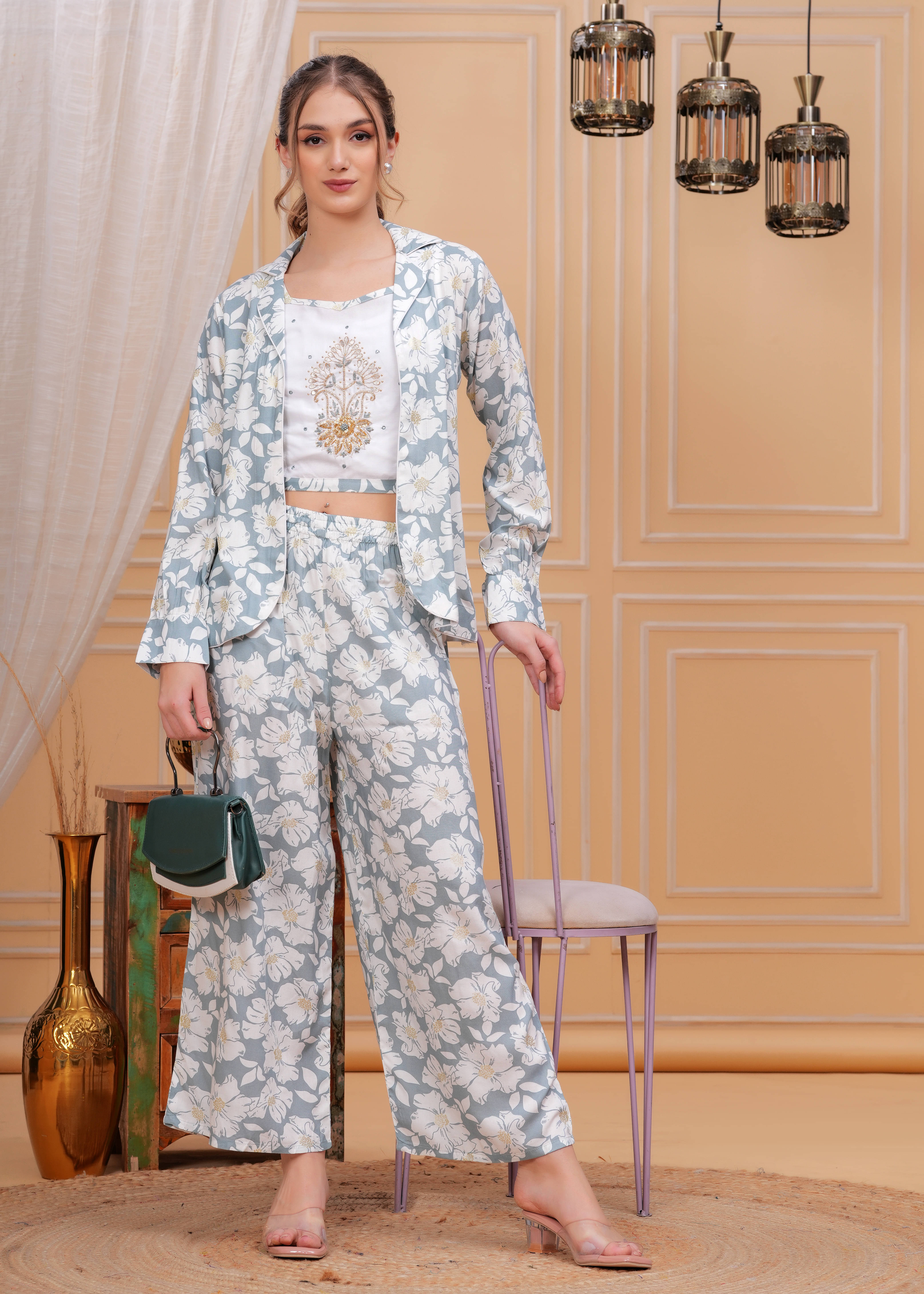     			JC4U Women Printed Top With Palazzos Co-Ord Set ( Grey )