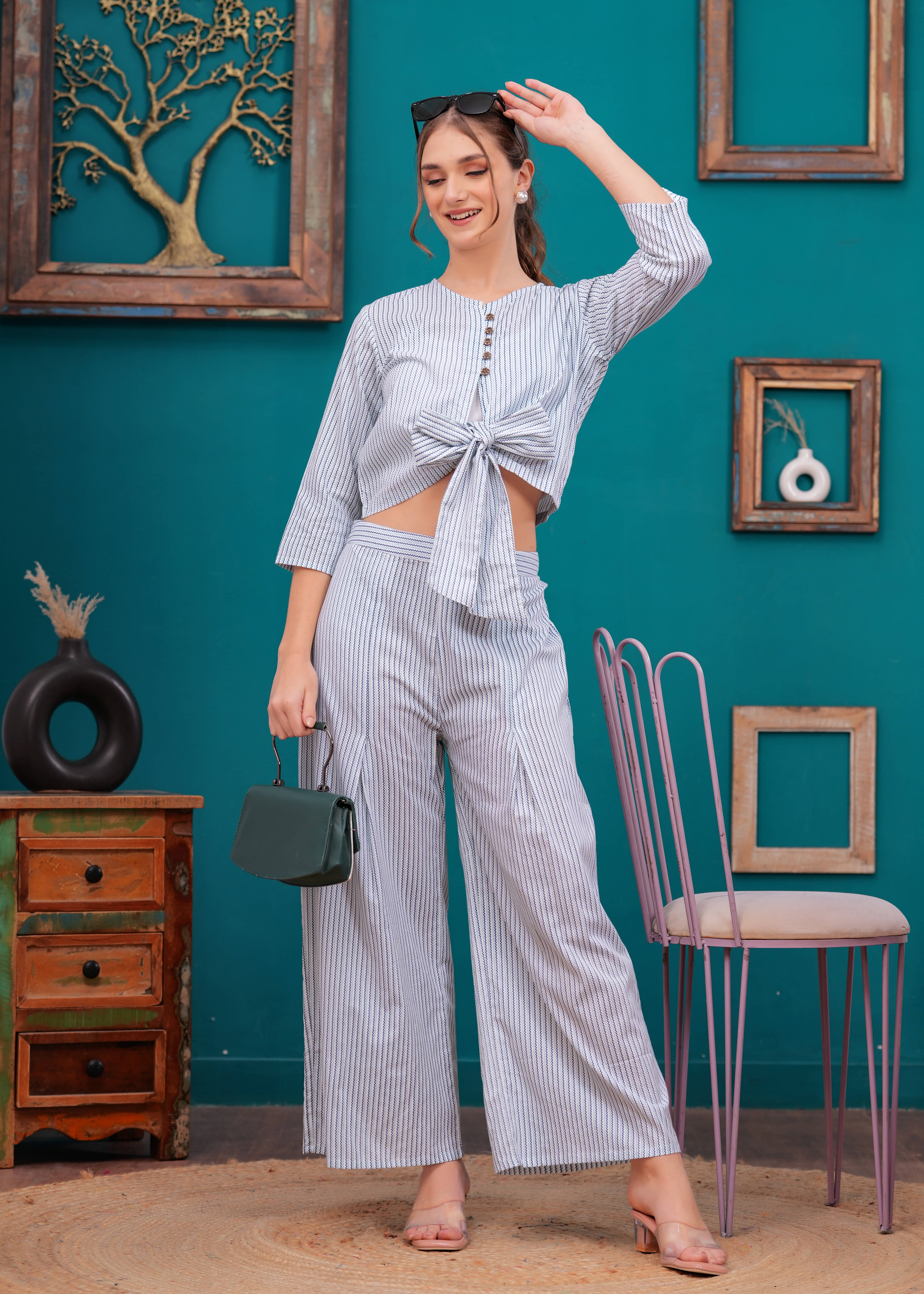     			JC4U Women Striped Top With Palazzos Co-Ord Set ( Light Blue )