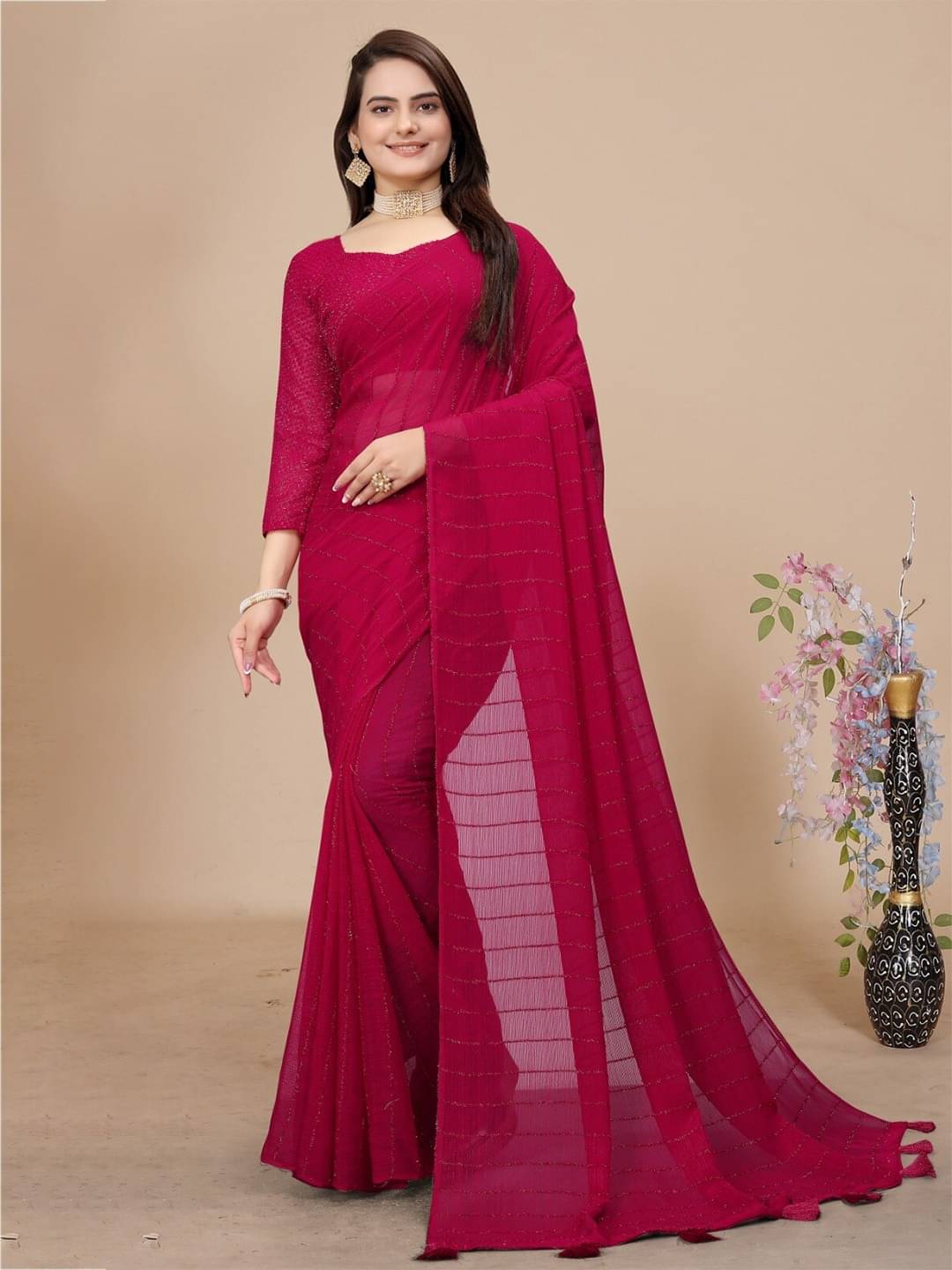 JULEE Chiffon Striped Saree With Unstitched Blouse Piece ( Pink ) JULEE Chiffon Striped Saree With Unstitched Blouse Piece ( Pink )