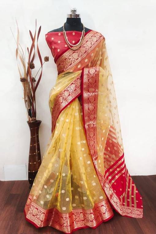     			JULEE Organza Embellished Saree With Unstitched Blouse Piece ( Yellow )