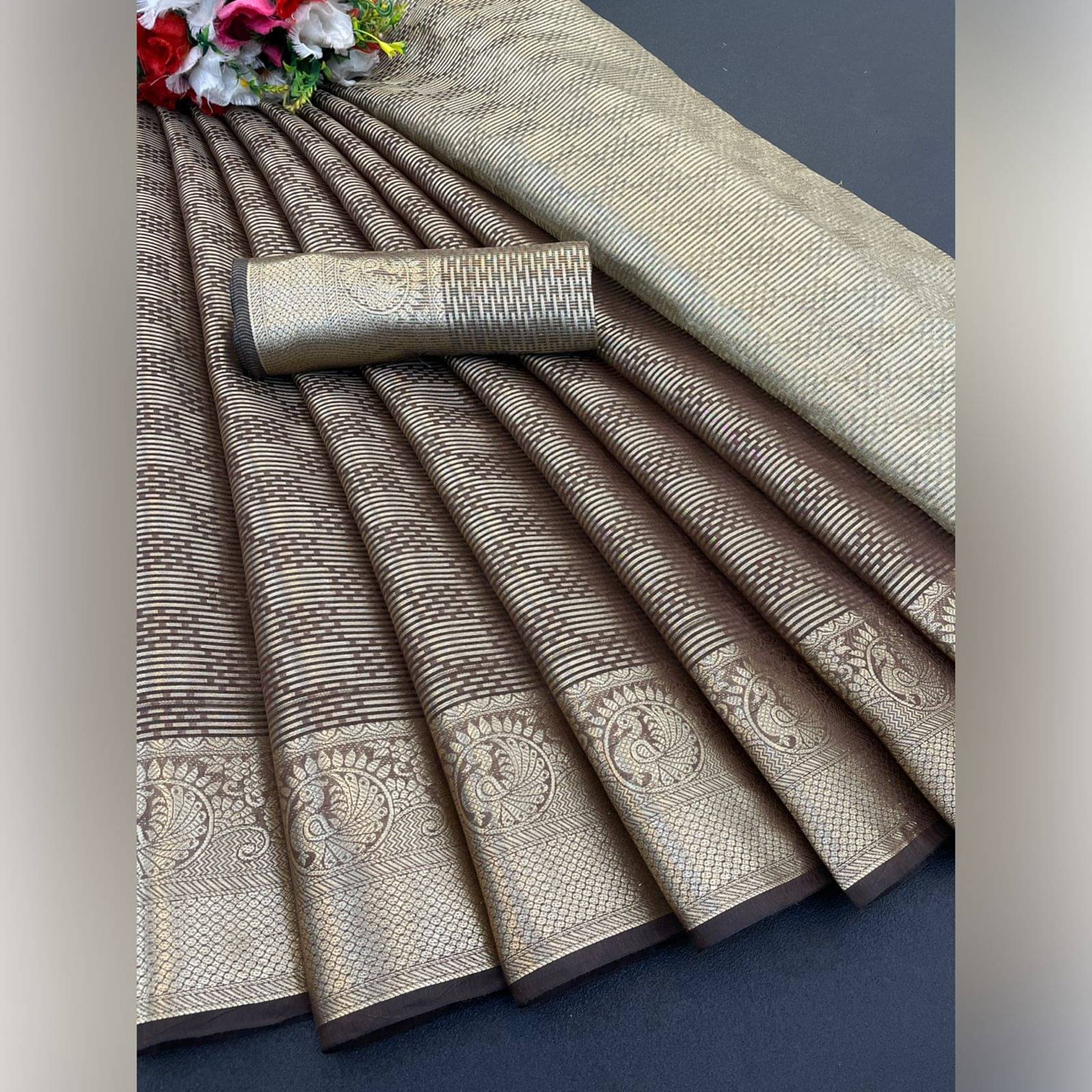 JULEE Tissue Embellished Saree With Unstitched Blouse Piece ( Brown ) JULEE Tissue Embellished Saree With Unstitched Blouse Piece ( Brown )