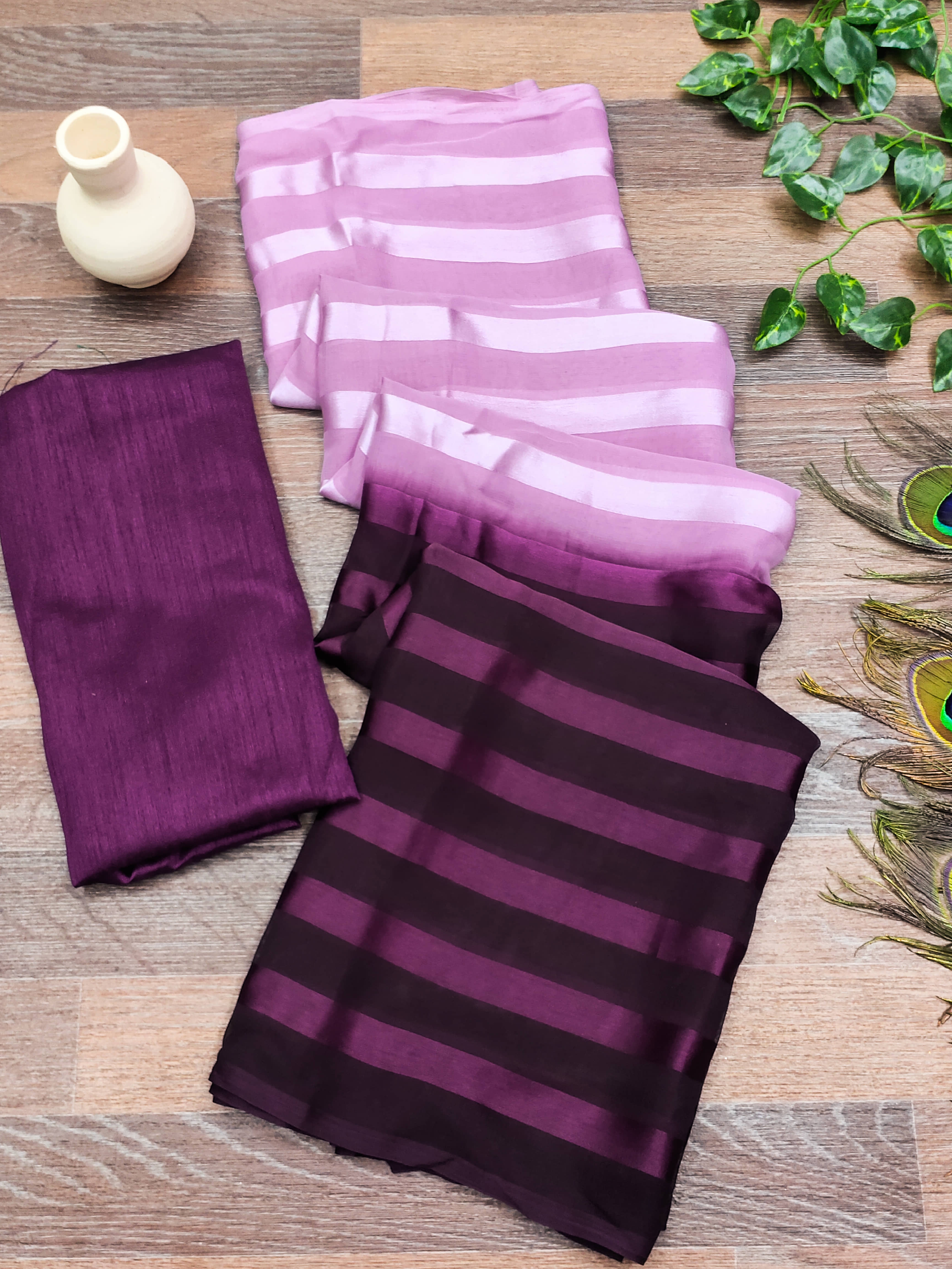 Kashvi Sarees Satin Striped Saree With Unstitched Blouse Piece ( Magenta ) - Sarees | Buy online on ZillyBuy