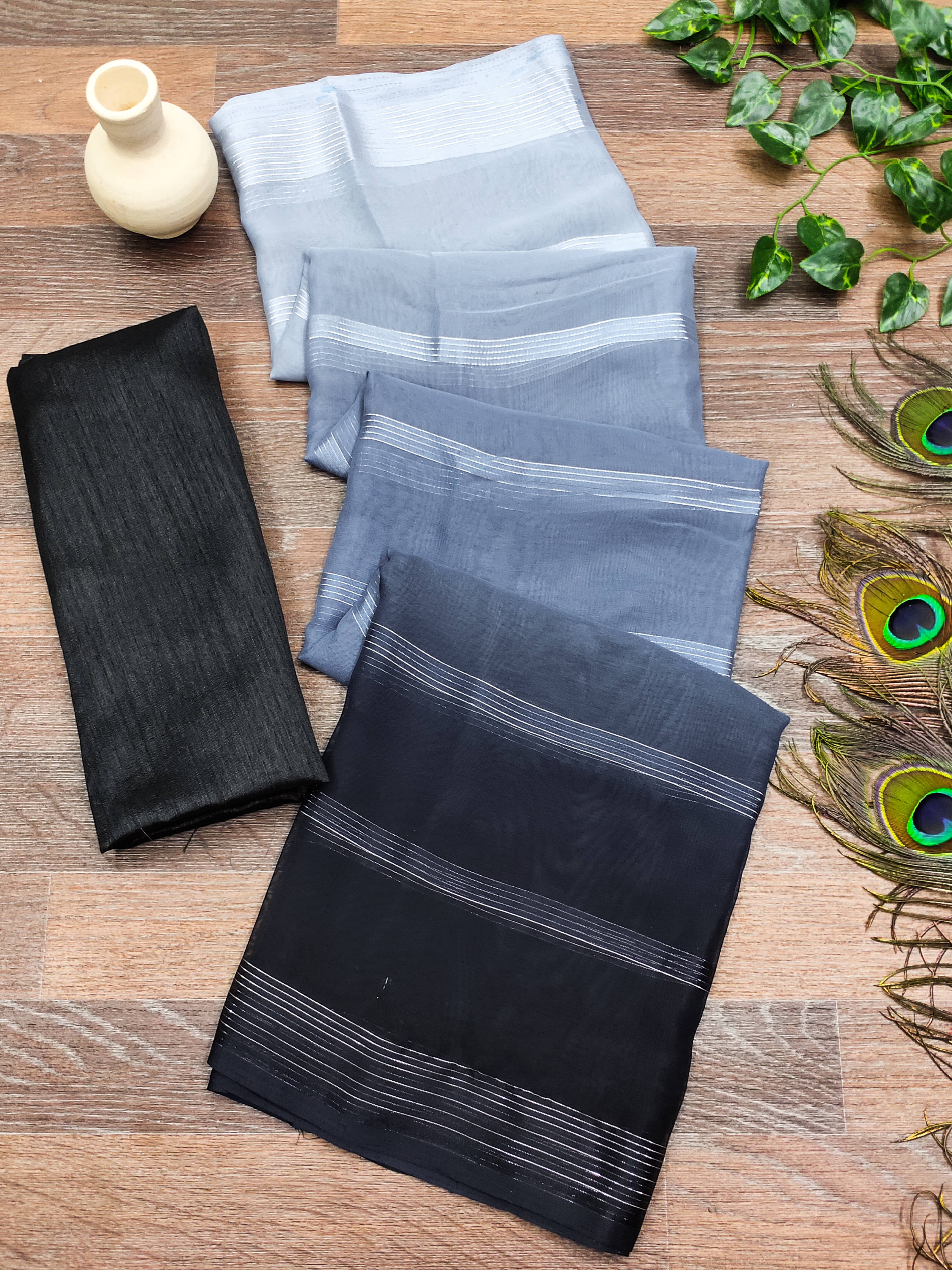     			Kashvi Sarees Satin Striped Saree With Unstitched Blouse Piece ( Black )
