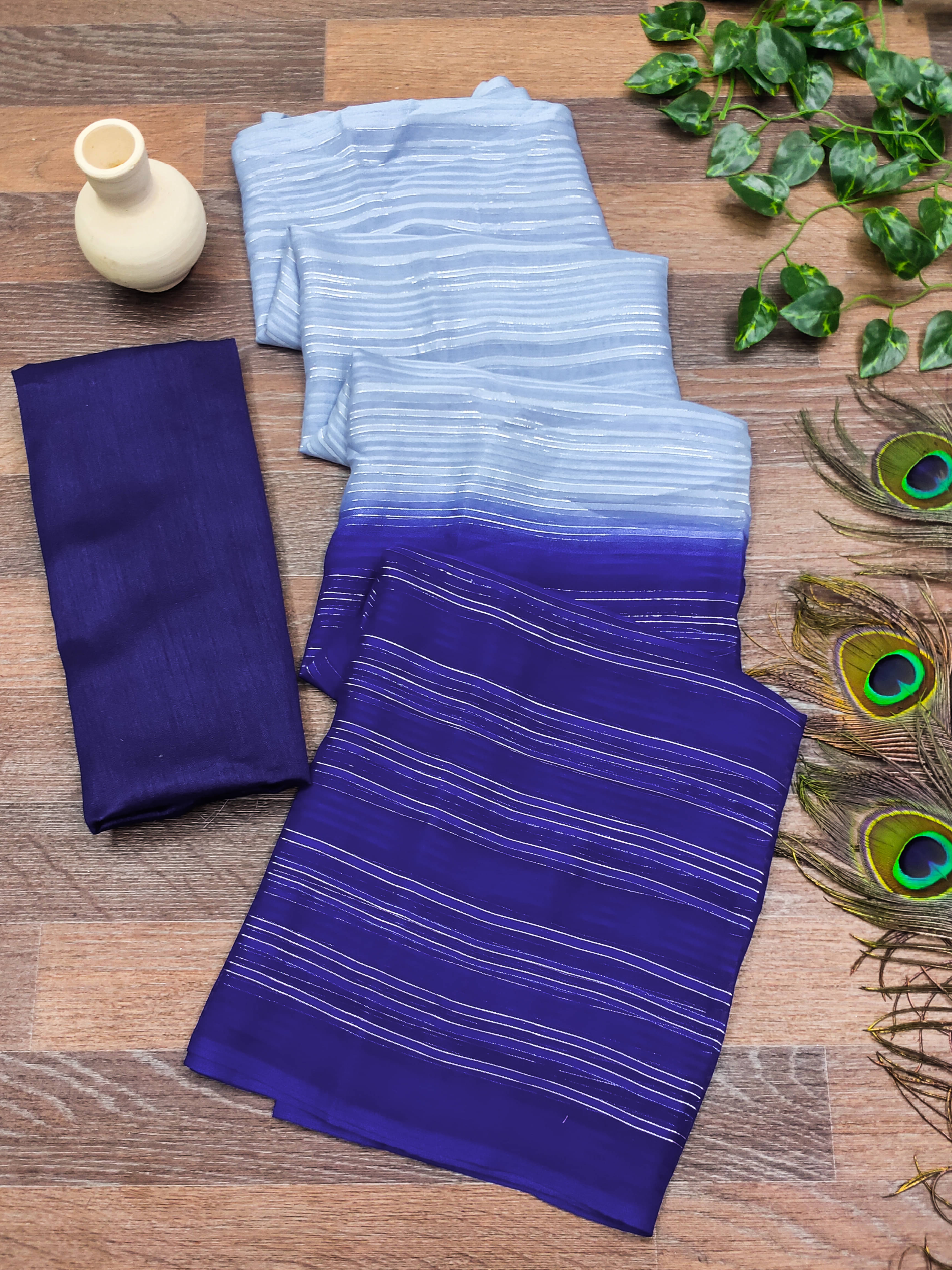 Kashvi Sarees Satin Striped Saree With Unstitched Blouse Piece ( Blue )     			Kashvi Sarees Satin Striped Saree With Unstitched Blouse Piece ( Blue )