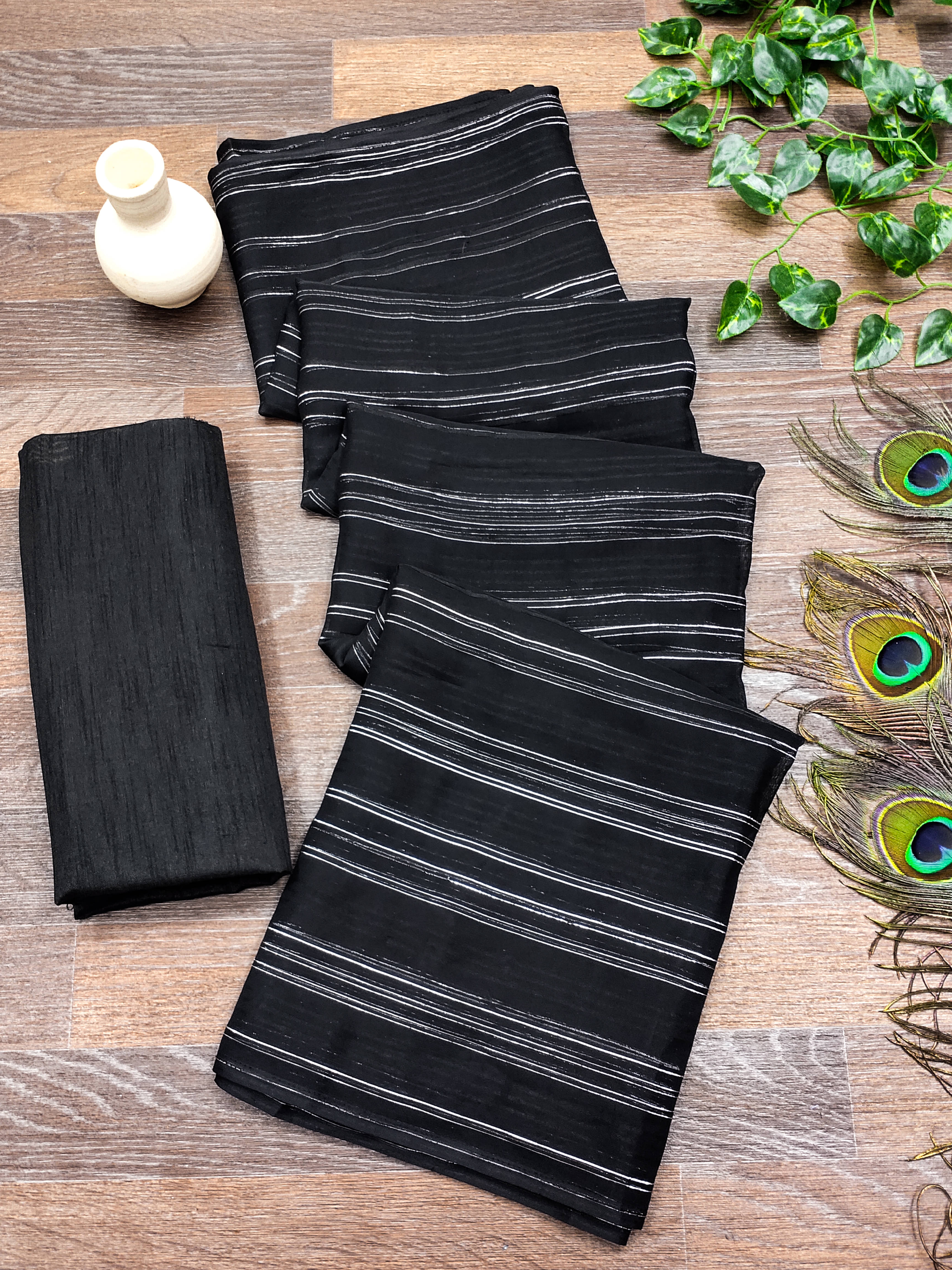 Kashvi Sarees Satin Striped Saree With Unstitched Blouse Piece ( Black ) Kashvi Sarees Satin Striped Saree With Unstitched Blouse Piece ( Black )