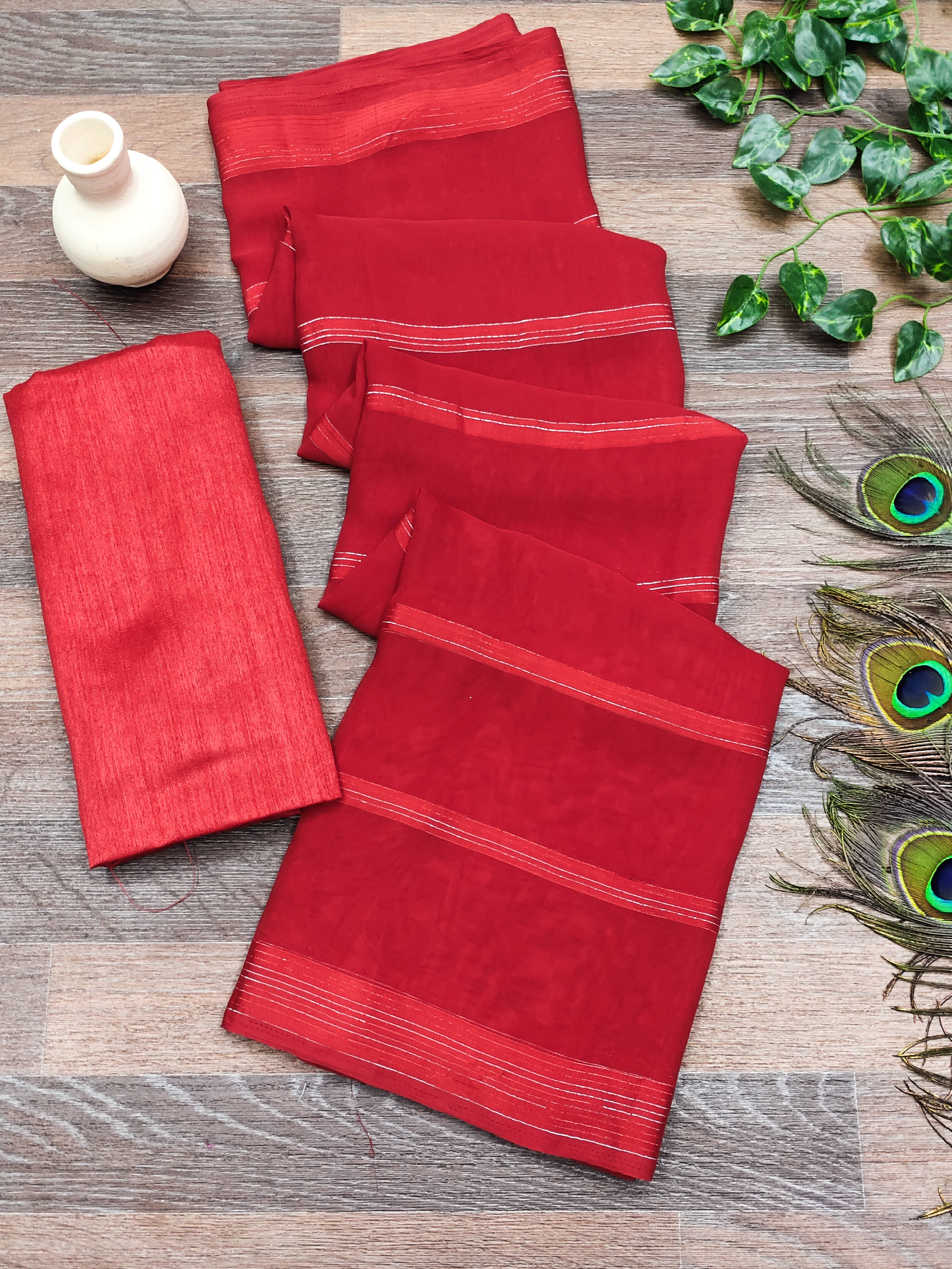 Kashvi Sarees Satin Striped Saree With Unstitched Blouse Piece ( Red ) Kashvi Sarees Satin Striped Saree With Unstitched Blouse Piece ( Red )