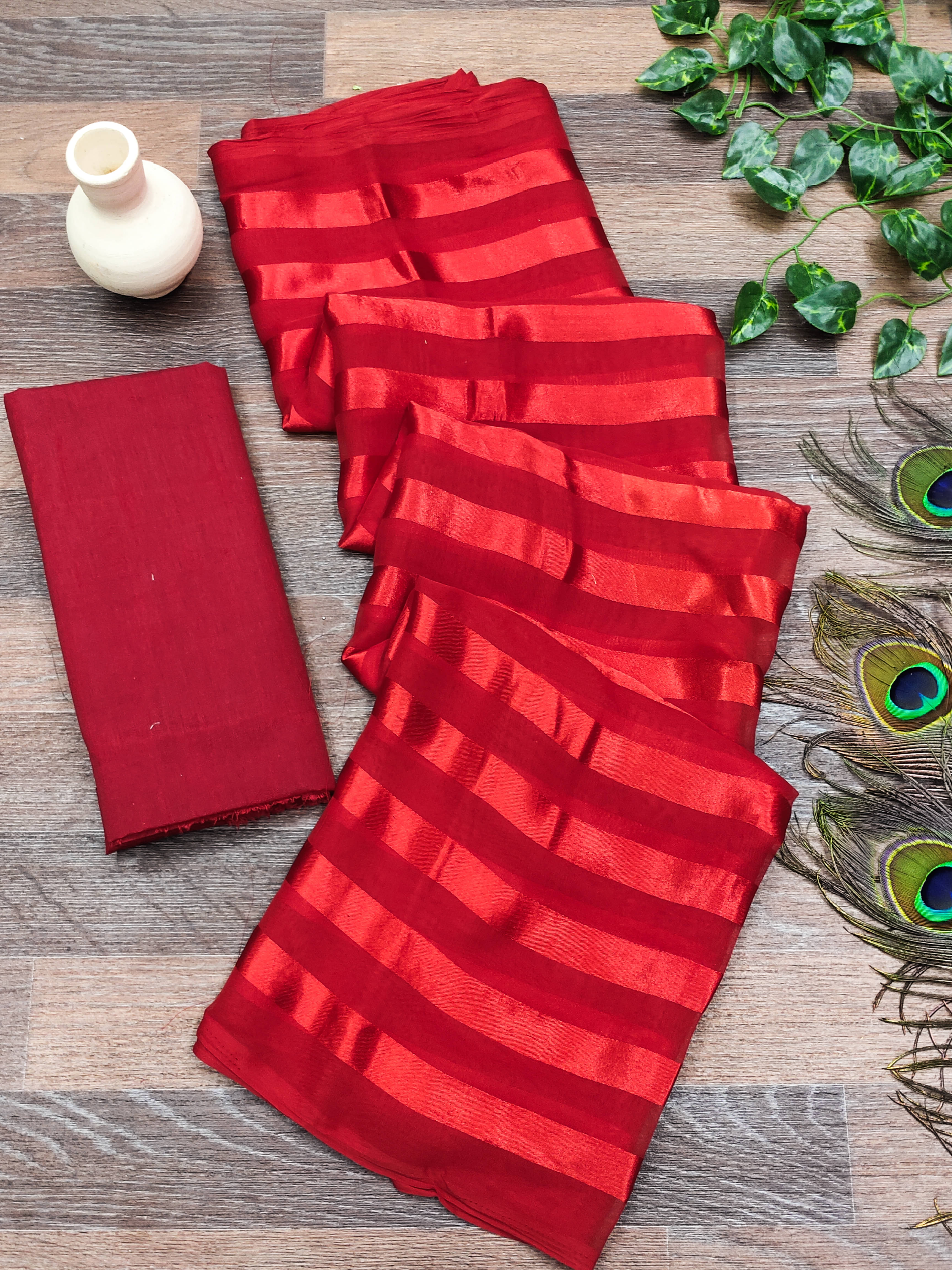 Kashvi Sarees Satin Striped Saree With Unstitched Blouse Piece ( Maroon )     			Kashvi Sarees Satin Striped Saree With Unstitched Blouse Piece ( Maroon )