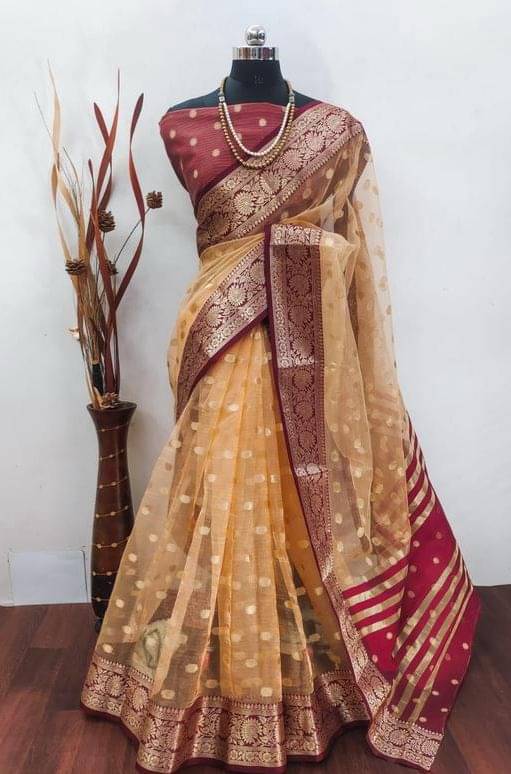 Lady Shopi Organza Embellished Saree With Unstitched Blouse Piece ( Peach ) Lady Shopi Organza Embellished Saree With Unstitched Blouse Piece ( Peach )