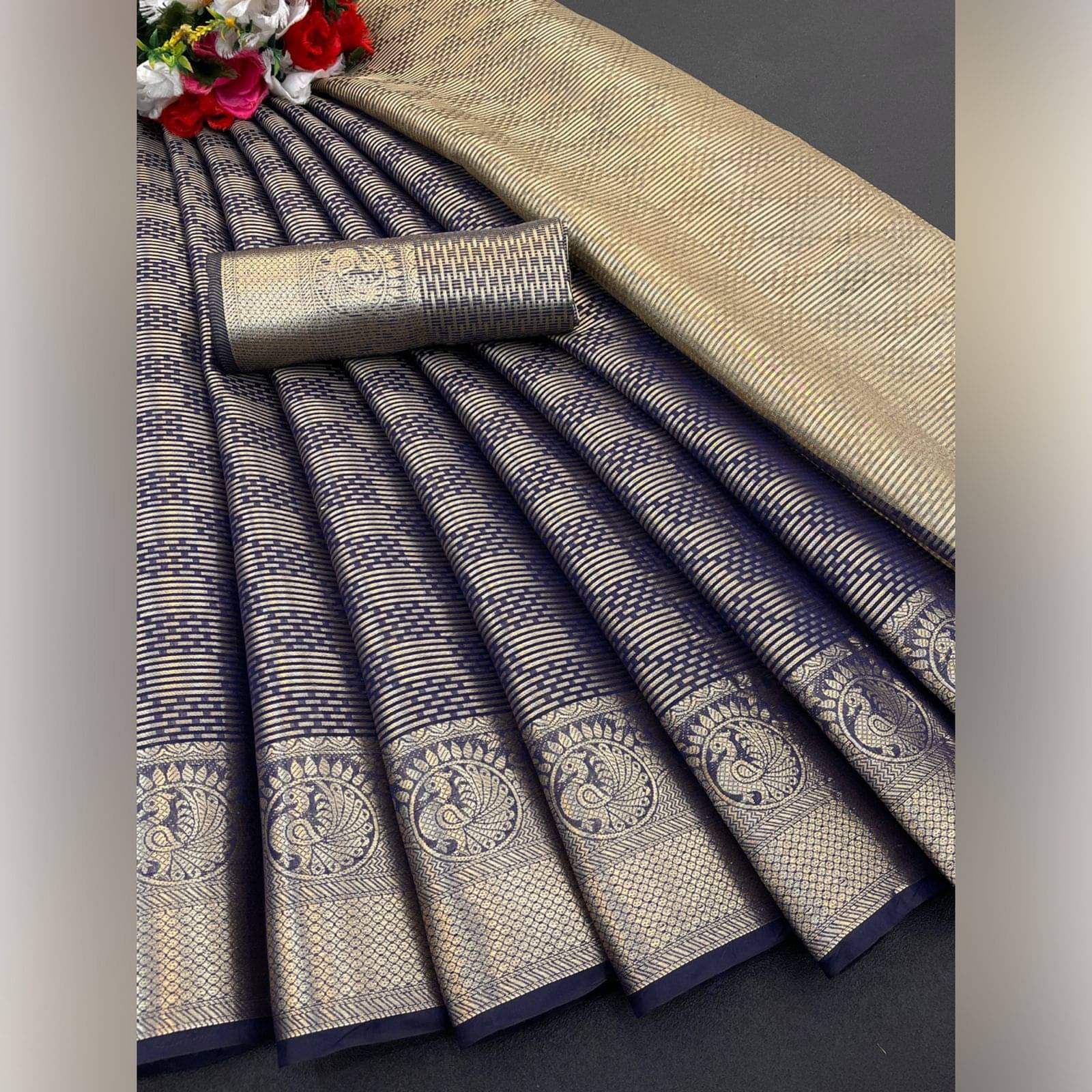     			Lady Shopi Tissue Embellished Saree With Unstitched Blouse Piece ( Navy Blue )