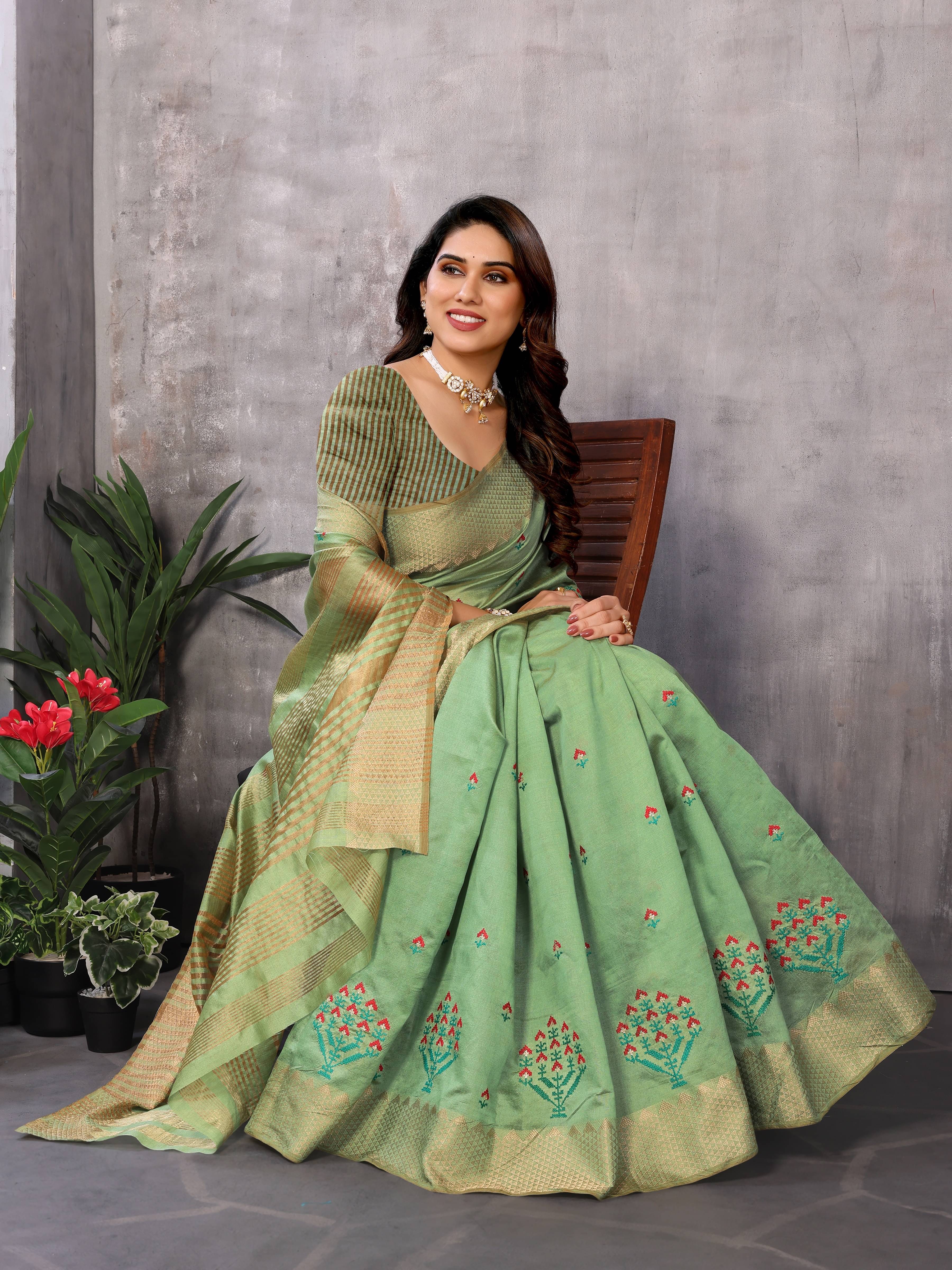 Sidhidata Cotton Silk Embroidered Saree With Unstitched Blouse Piece ( Light Green ) Sidhidata Cotton Silk Embroidered Saree With Unstitched Blouse Piece ( Light Green )