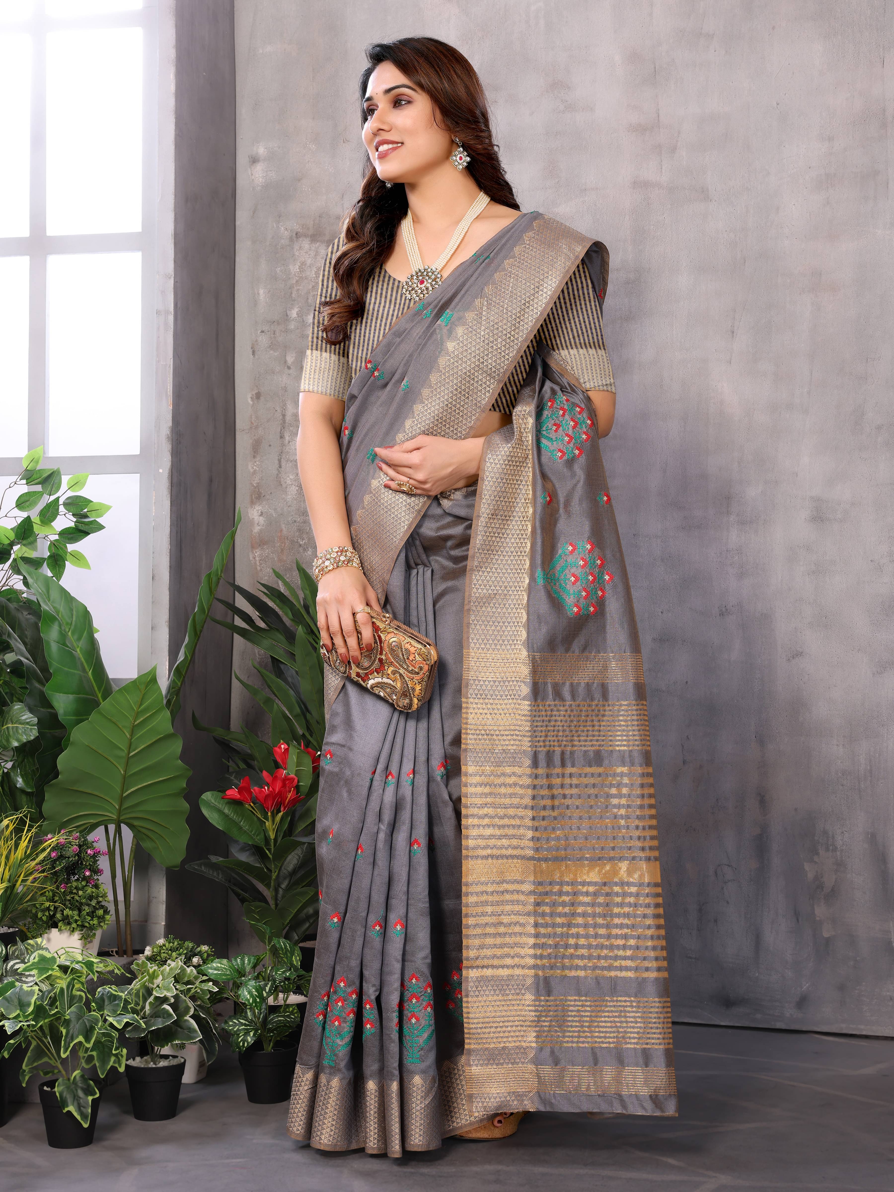 Sidhidata Cotton Silk Embroidered Saree With Unstitched Blouse Piece ( Grey ) Sidhidata Cotton Silk Embroidered Saree With Unstitched Blouse Piece ( Grey )