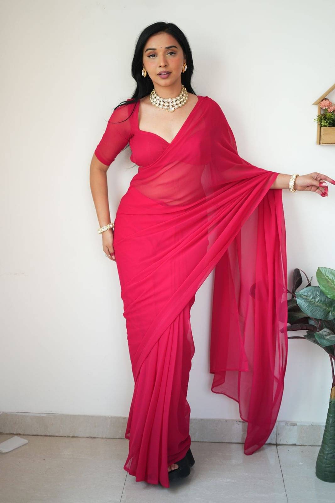     			Sidhidata Georgette Solid Ready to Wear Saree With Unstitched Blouse Piece ( Pink )