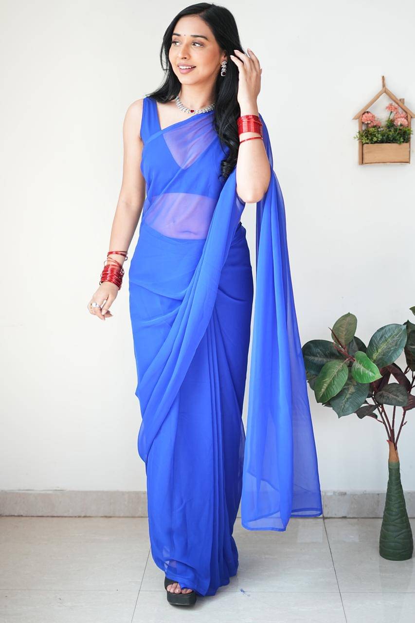     			Sidhidata Georgette Solid Ready to Wear Saree With Unstitched Blouse Piece ( Blue )