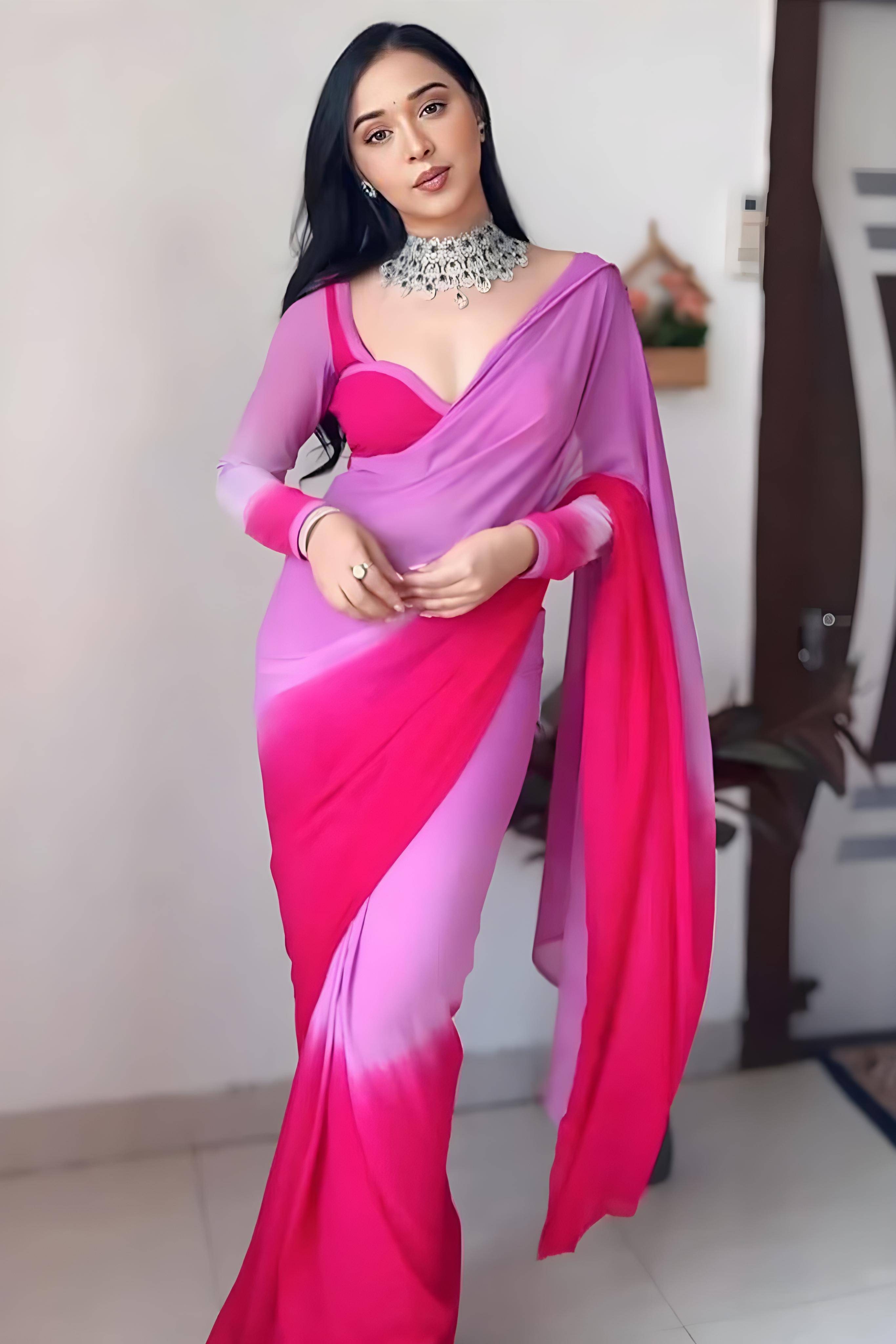     			Sidhidata Georgette Solid Ready to Wear Saree With Unstitched Blouse Piece ( Rani )