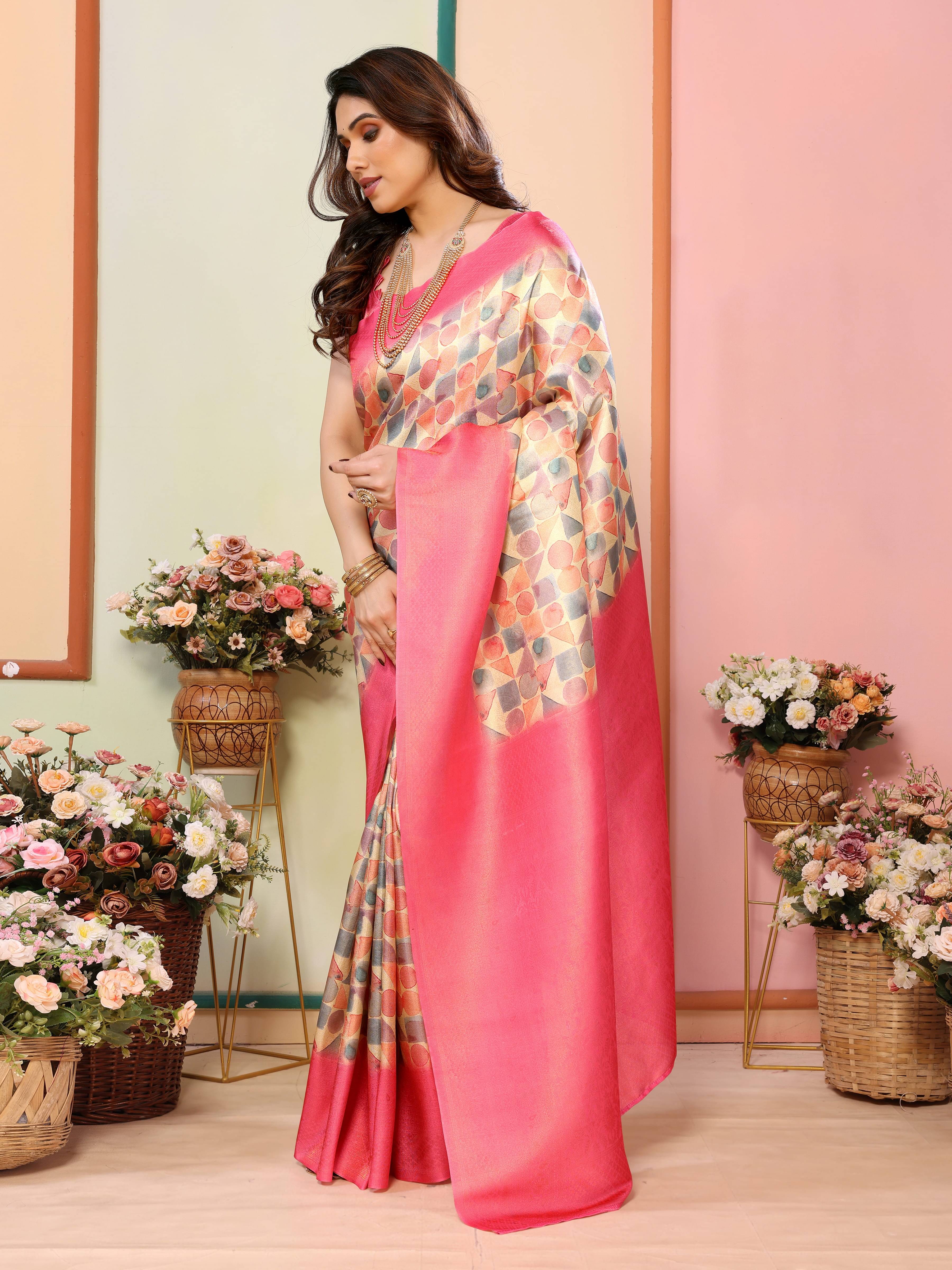     			Sidhidata Jacquard Printed Ready to Wear Saree With Unstitched Blouse Piece ( Pink )