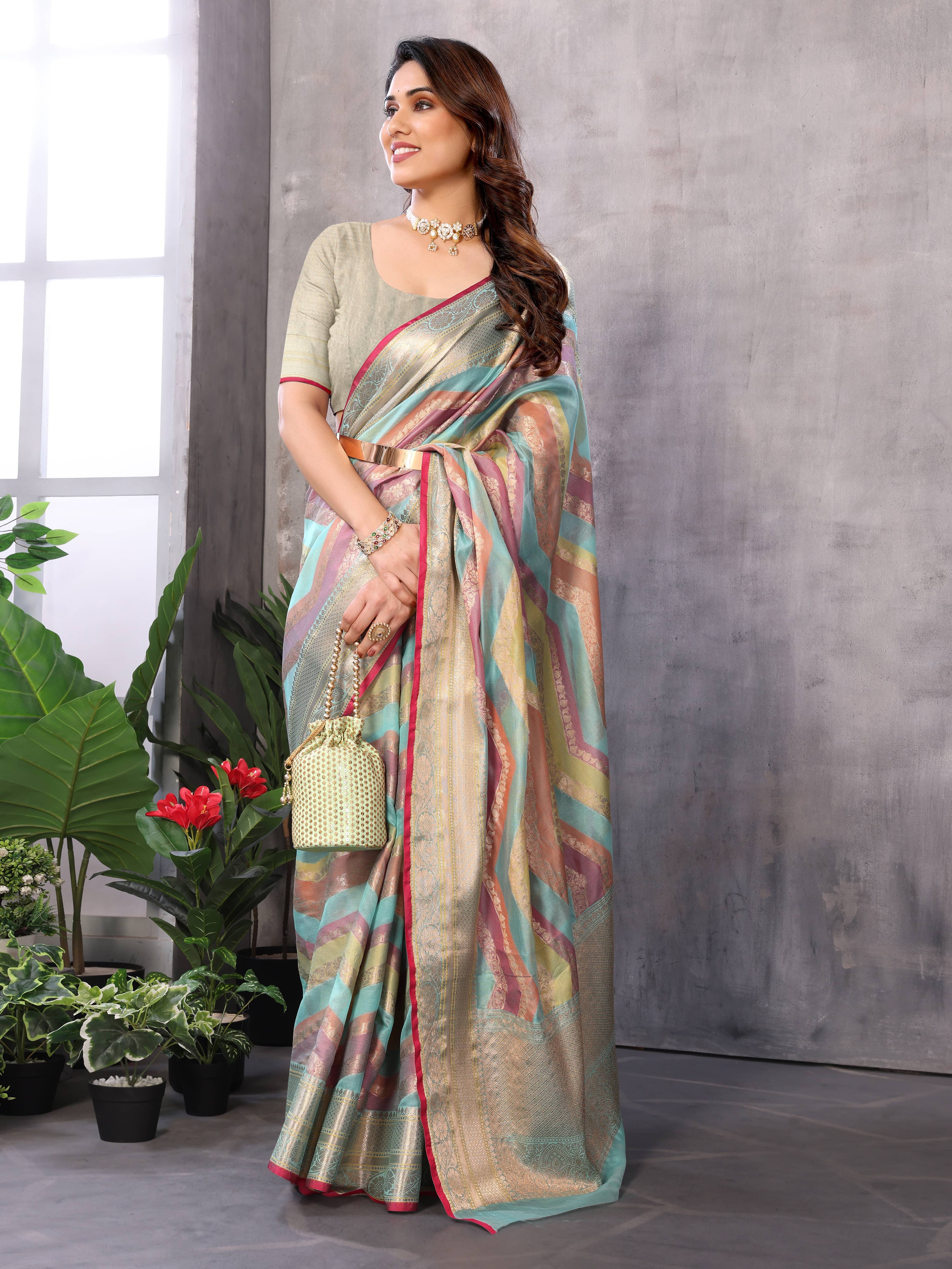 Sidhidata Organza Woven Saree With Unstitched Blouse Piece ( Sea Green ) Sidhidata Organza Woven Saree With Unstitched Blouse Piece ( Sea Green )