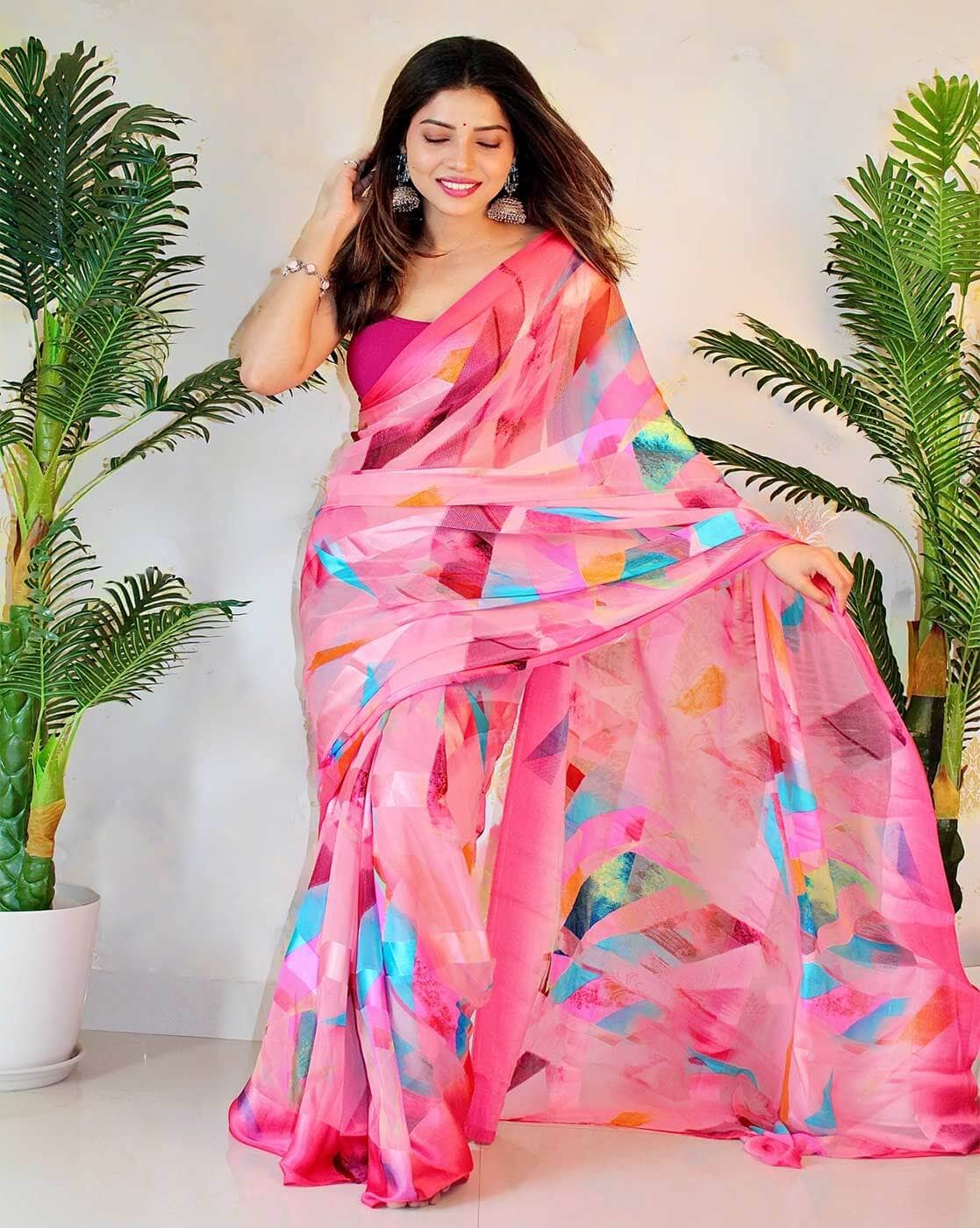 Sindharat Fashion Georgette Printed Saree With Unstitched Blouse Piece ( Pink ) - Sarees | Buy online on ZillyBuy