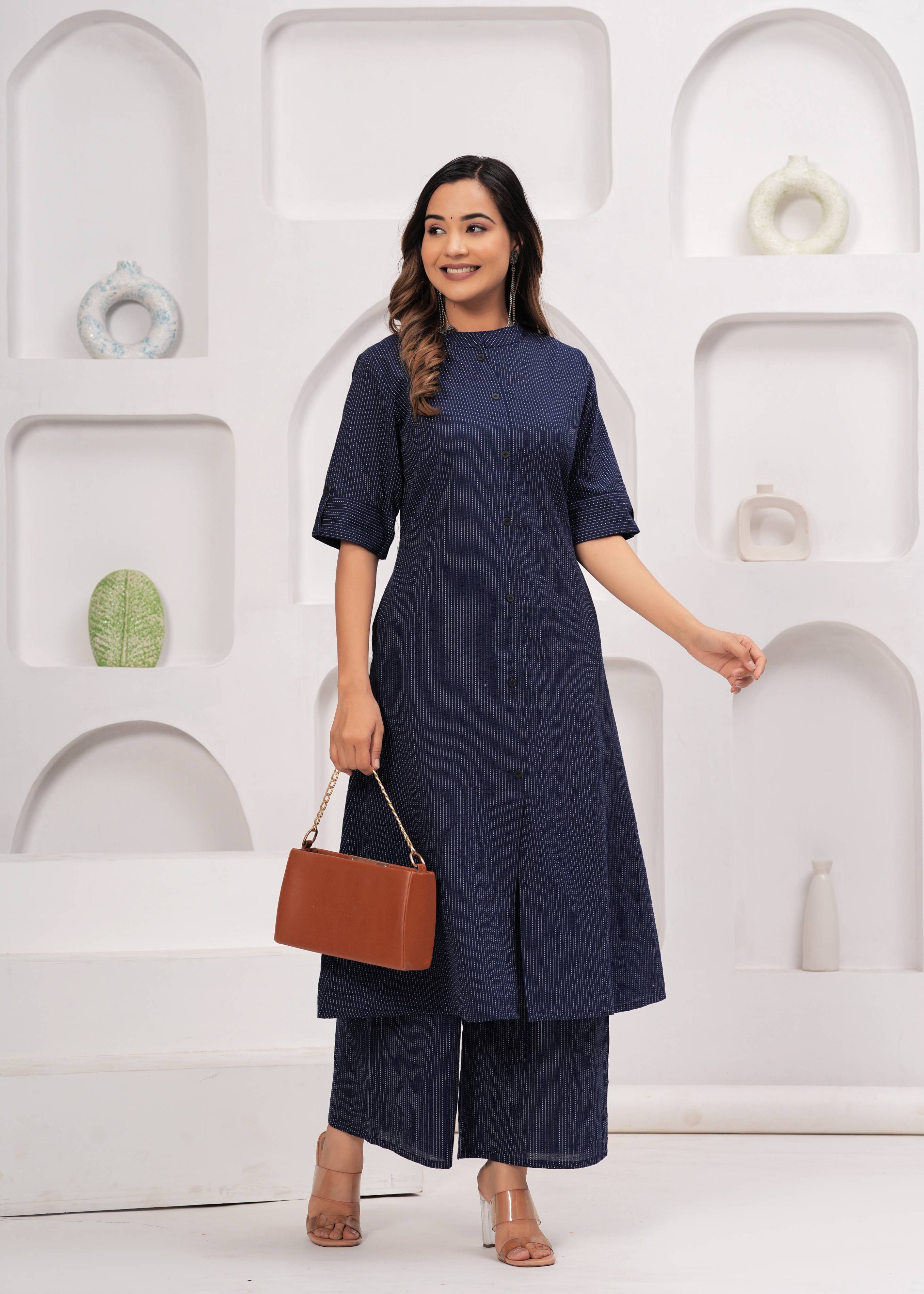 URBAN JAIPUR Pack of 1 Cotton Striped Front Slit Women's Kurti - ( Blue ) URBAN JAIPUR Pack of 1 Cotton Striped Front Slit Women's Kurti - ( Blue )