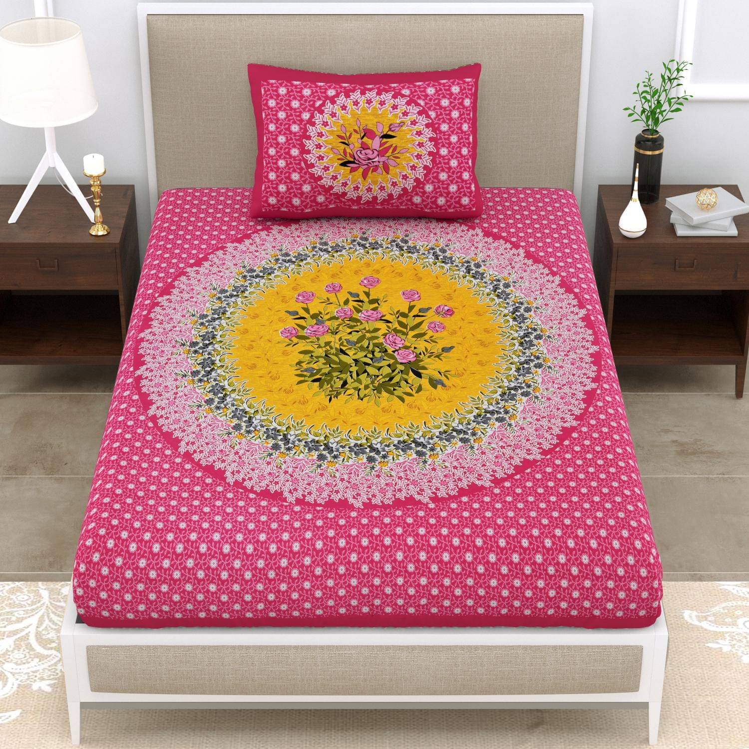     			Uniqchoice Cotton 1 Single Bedsheet with 1 Pillow Cover ( Pink )
