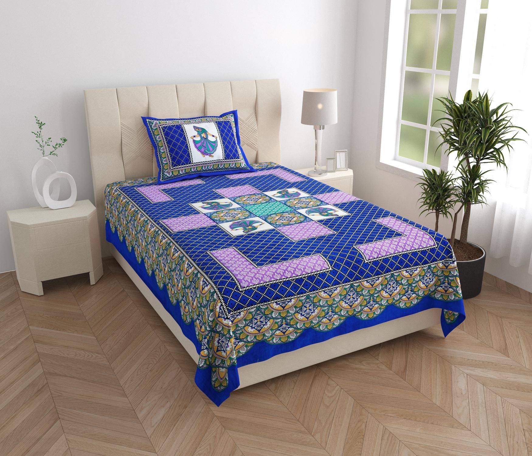     			Uniqchoice Cotton 1 Single Bedsheet with 1 Pillow Cover ( Blue )