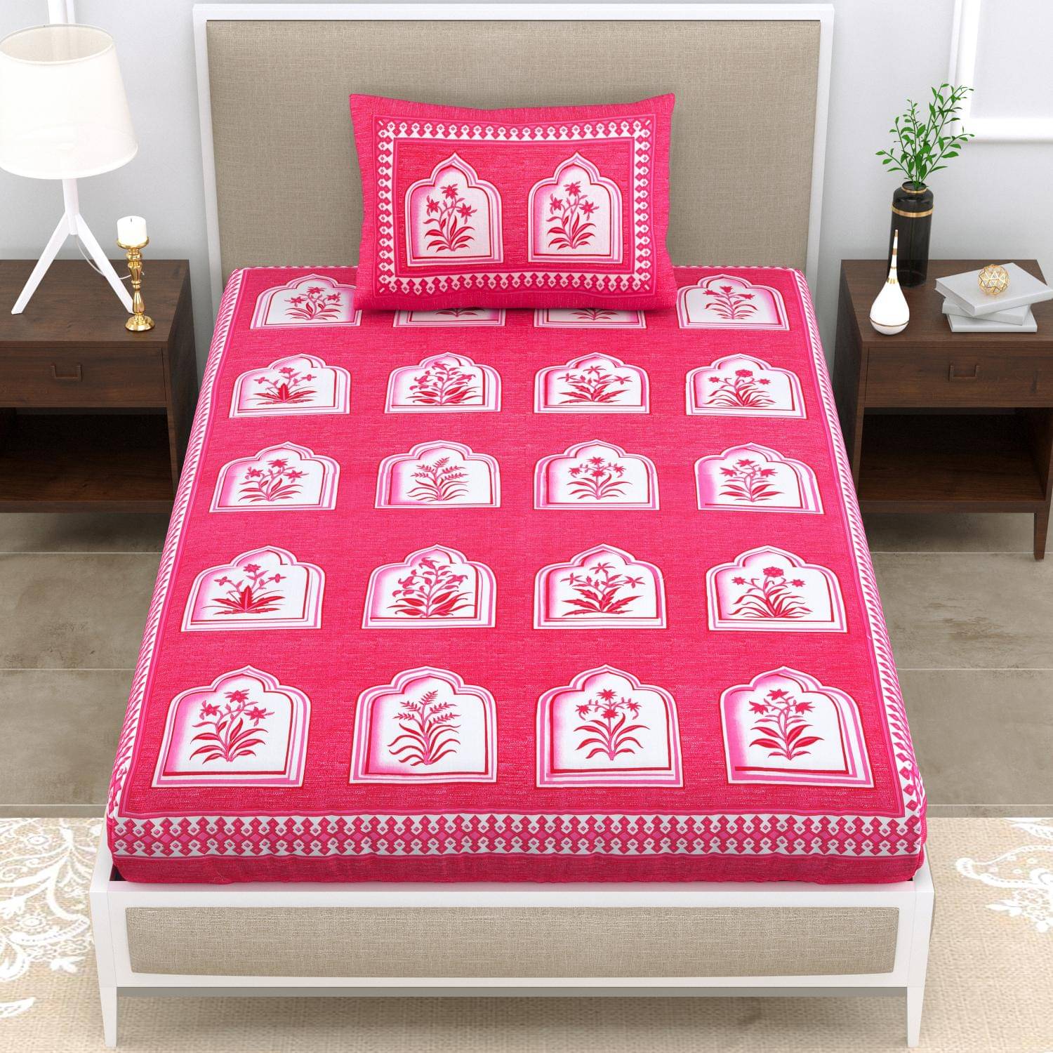     			Uniqchoice Cotton 1 Single Bedsheet with 1 Pillow Cover ( Pink )