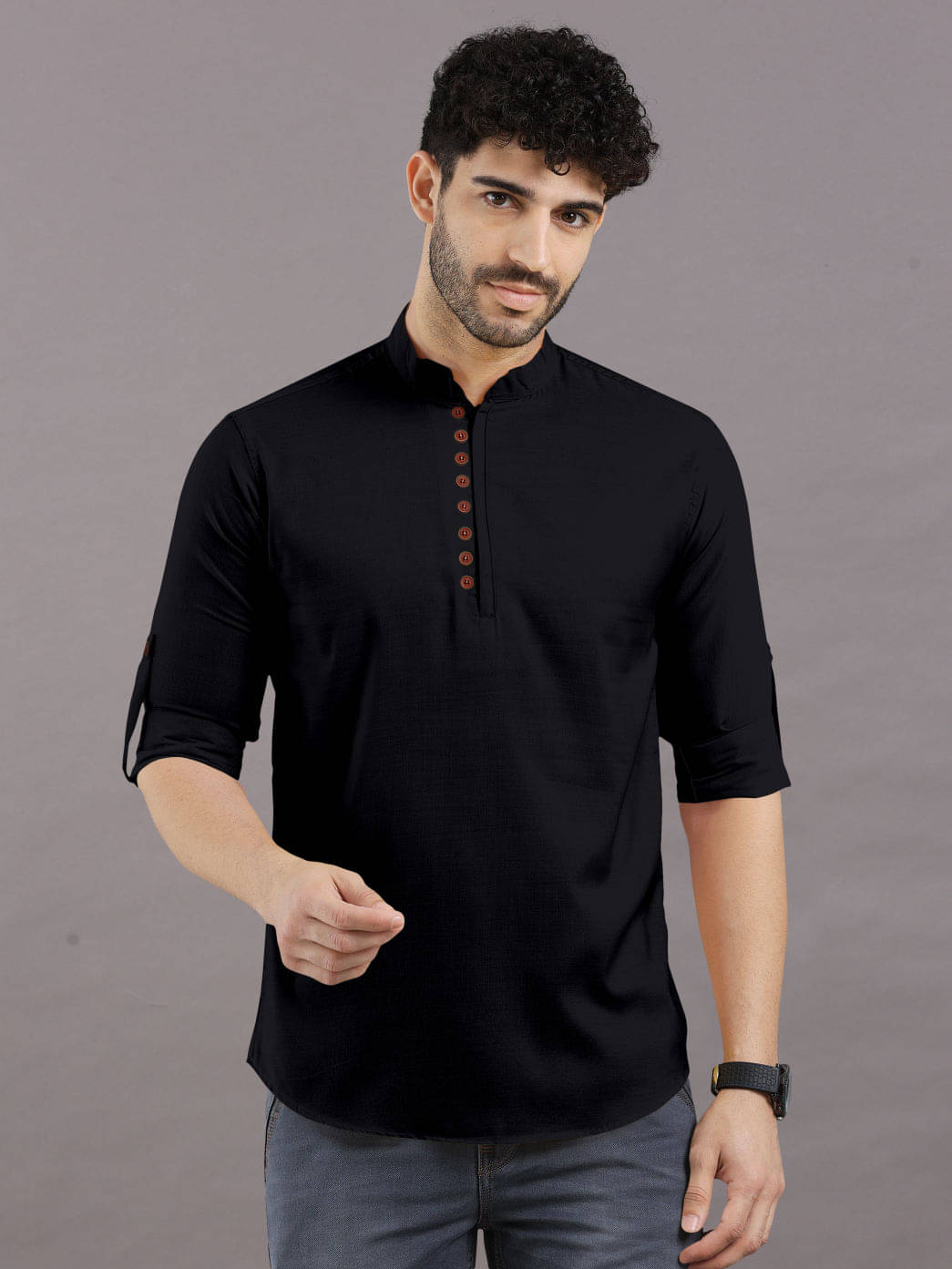     			VTEXX Black Cotton Blend Men's Shirt Style Kurta ( Pack of 1 )
