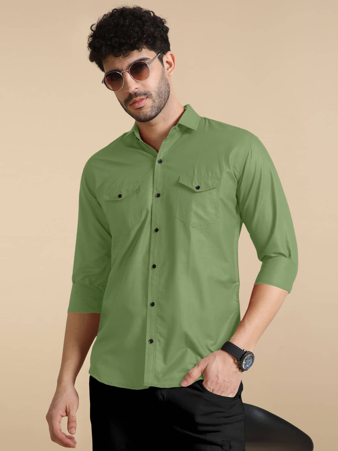 VTEXX Cotton Blend Regular Fit Solids Full Sleeves Men's Casual Shirt - Olive ( Pack of 1 )