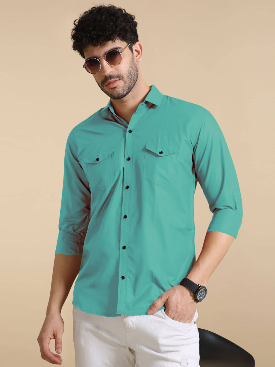 VTEXX Cotton Blend Regular Fit Solids Full Sleeves Men's Casual Shirt - Sea Green ( Pack of 1 )