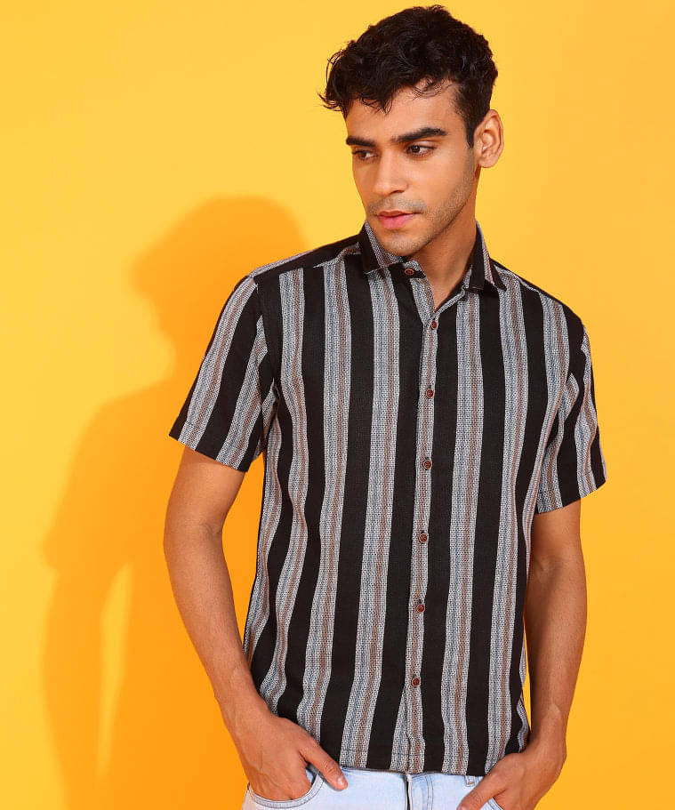 VTEXX Cotton Blend Regular Fit Striped Half Sleeves Men's Casual Shirt - Black ( Pack of 1 ) VTEXX Cotton Blend Regular Fit Striped Half Sleeves Men's Casual Shirt - Black ( Pack of 1 )