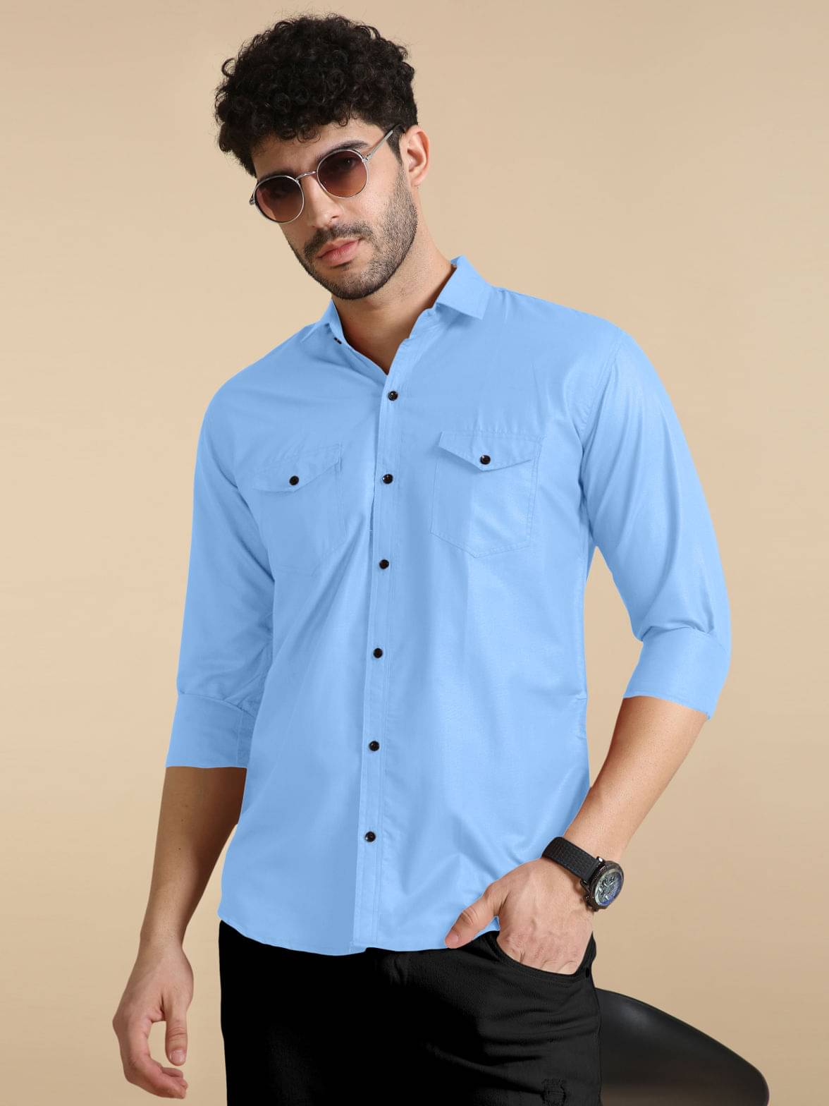 VTEXX Cotton Blend Regular Fit Solids Full Sleeves Men's Casual Shirt - Light Blue ( Pack of 1 ) - Image 3
