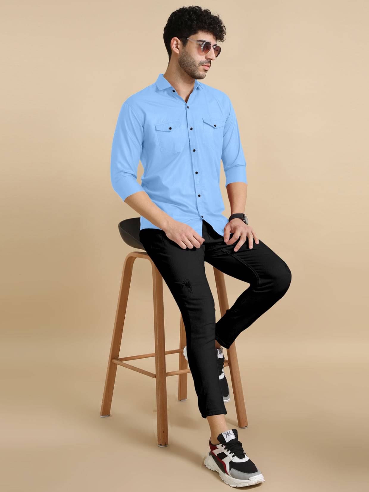 VTEXX Cotton Blend Regular Fit Solids Full Sleeves Men's Casual Shirt - Light Blue ( Pack of 1 ) - Image 5