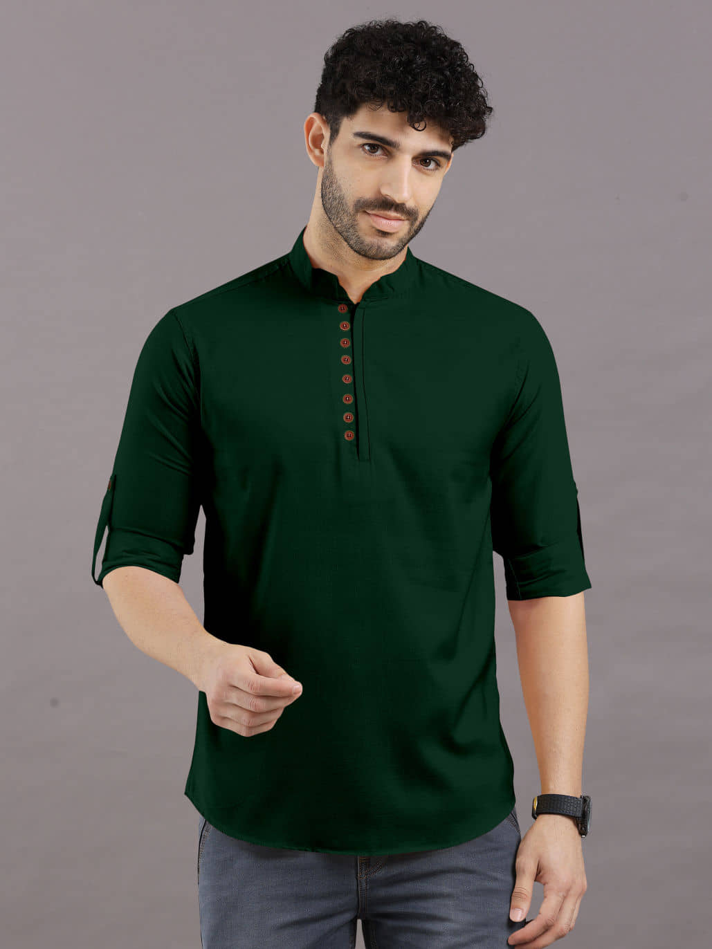 VTEXX Cotton Blend Plain Shirt Style Kurta For Men ( Dark Green ) - Kurtas & Kurta Sets | Buy online on ZillyBuy
