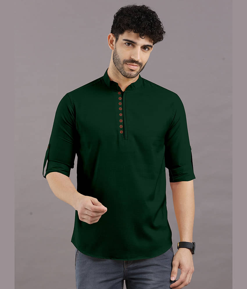 VTEXX Cotton Blend Plain Shirt Style Kurta For Men ( Dark Green ) - Kurtas & Kurta Sets | Buy online on ZillyBuy