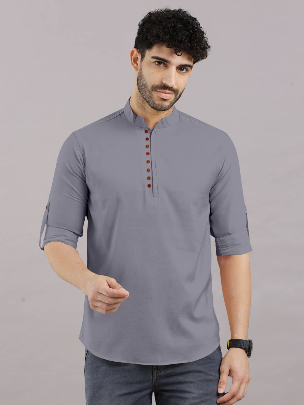 VTEXX Cotton Blend Plain Shirt Style Kurta For Men ( Grey ) - Kurtas & Kurta Sets | Buy online on ZillyBuy