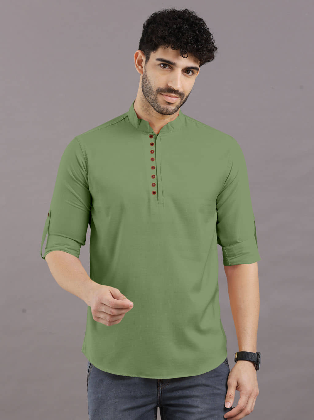 VTEXX Olive Cotton Blend Men's Shirt Style Kurta ( Pack of 1 ) - Kurtas & Kurta Sets | Buy online on ZillyBuy