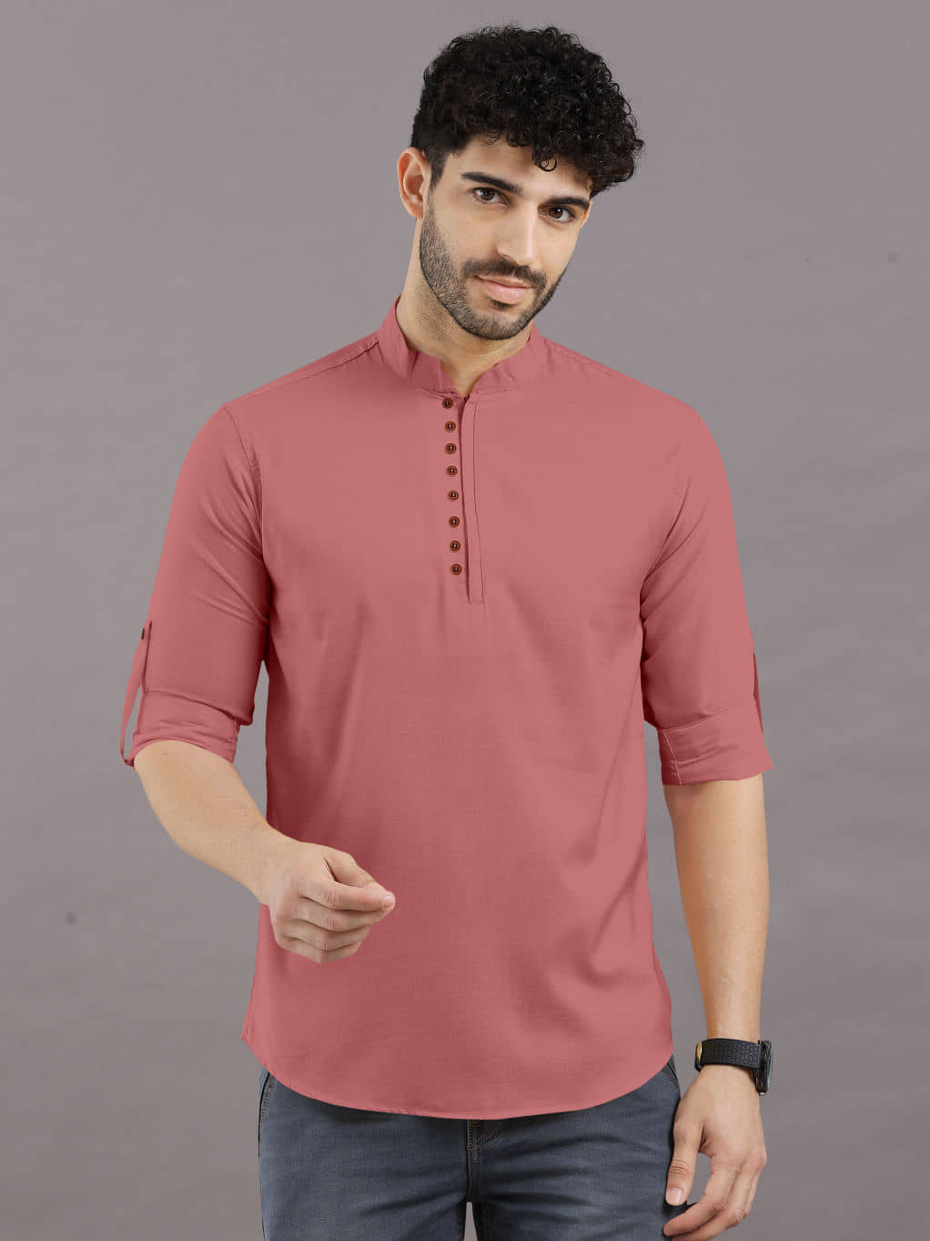 VTEXX Peach Cotton Blend Men's Shirt Style Kurta ( Pack of 1 ) - Kurtas & Kurta Sets | Buy online on ZillyBuy