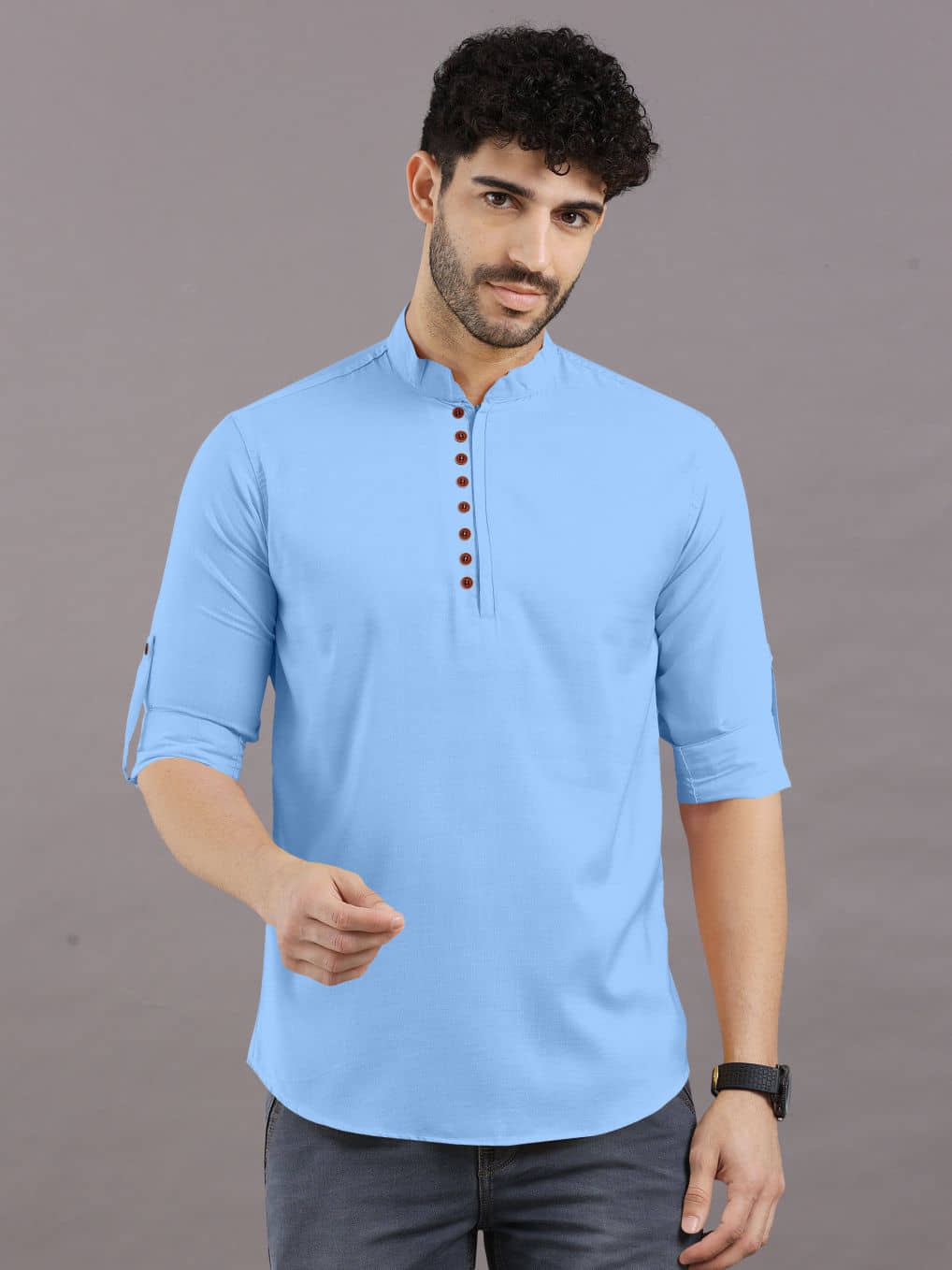 VTEXX Sky Blue Cotton Blend Men's Shirt Style Kurta ( Pack of 1 ) - Kurtas & Kurta Sets | Buy online on ZillyBuy