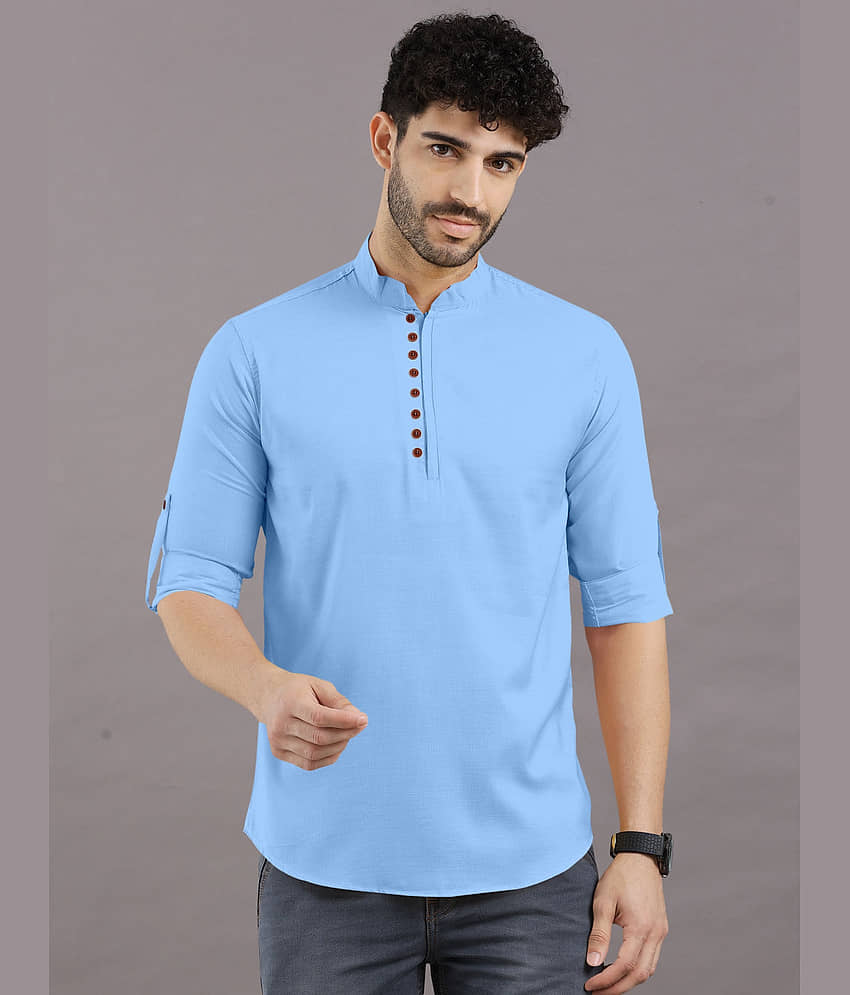 VTEXX Sky Blue Cotton Blend Men's Shirt Style Kurta ( Pack of 1 ) - Kurtas & Kurta Sets | Buy online on ZillyBuy